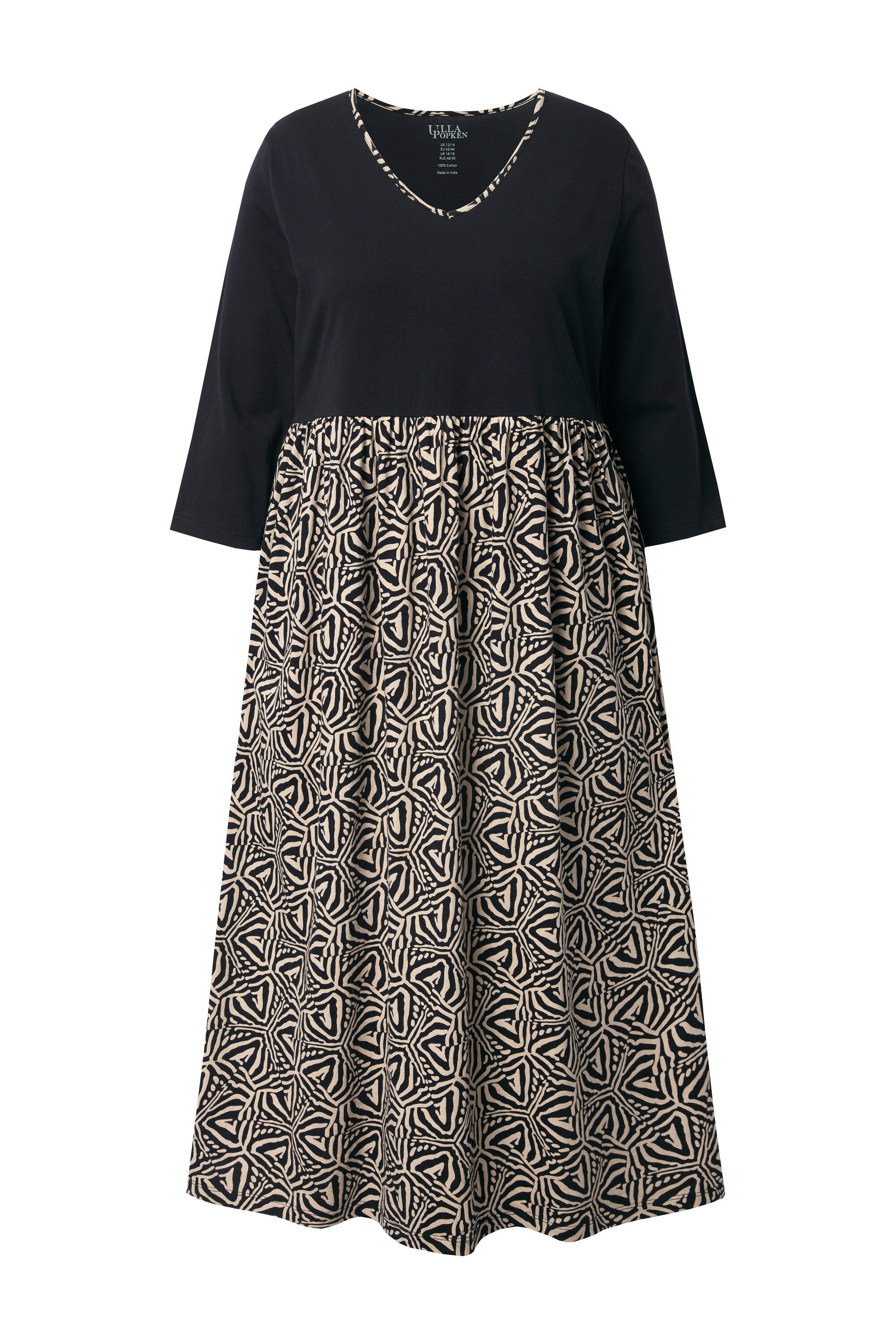 Ulla Popken Maxikleid Jerseykleid A-Linie V-Ausschnitt 3/4-Arm günstig online kaufen