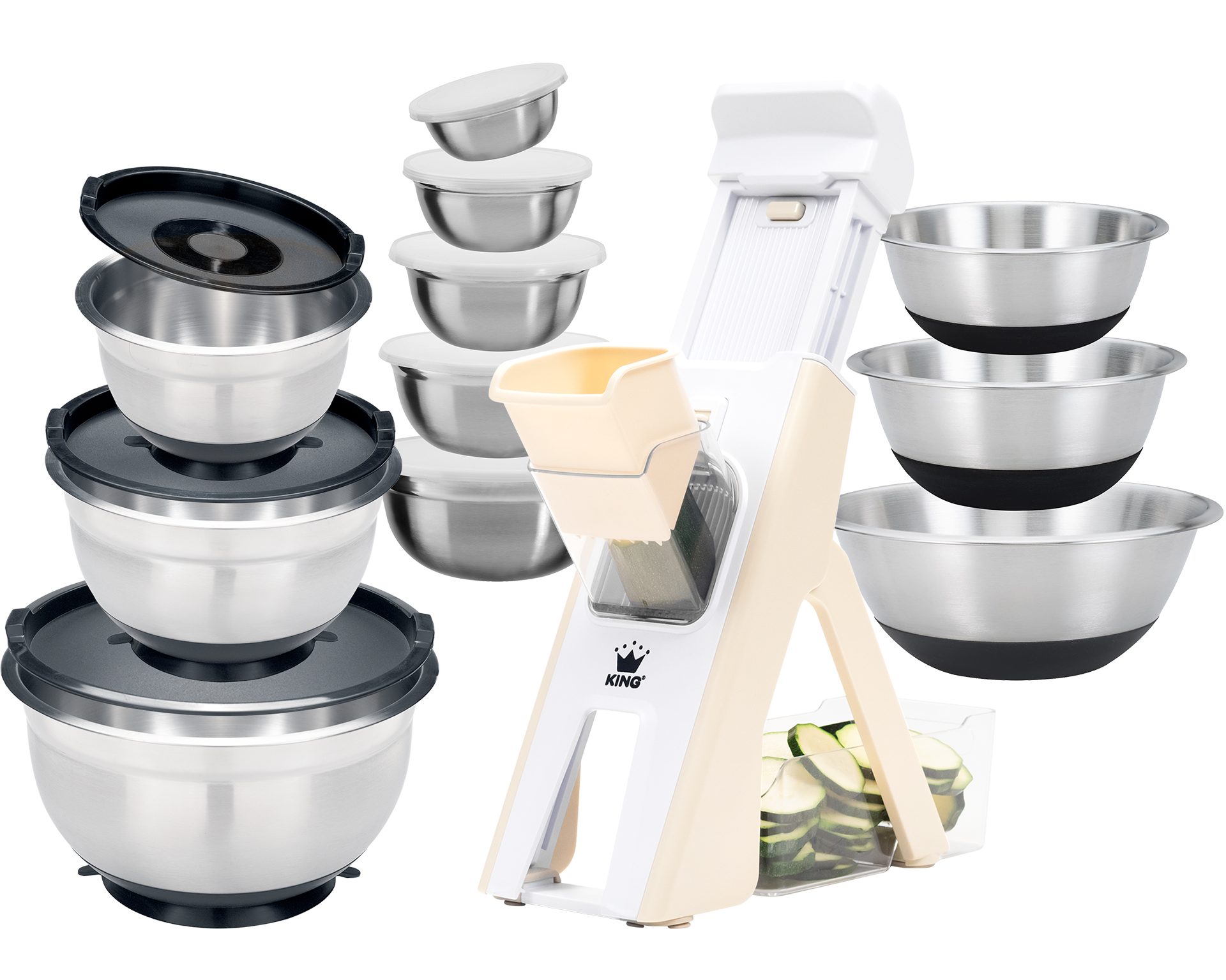 KING Küchenreibe Veggie-Set, Kunststoff, (Set, 20-St., 1 Reibe, 3 Rühr- & 3 Servier- & 5 Aufbewahrungsschüsseln inkl. Deckel), Vertikale-Reibe inkl. Auffangbehälter, unterschiedliche Schnittmodi