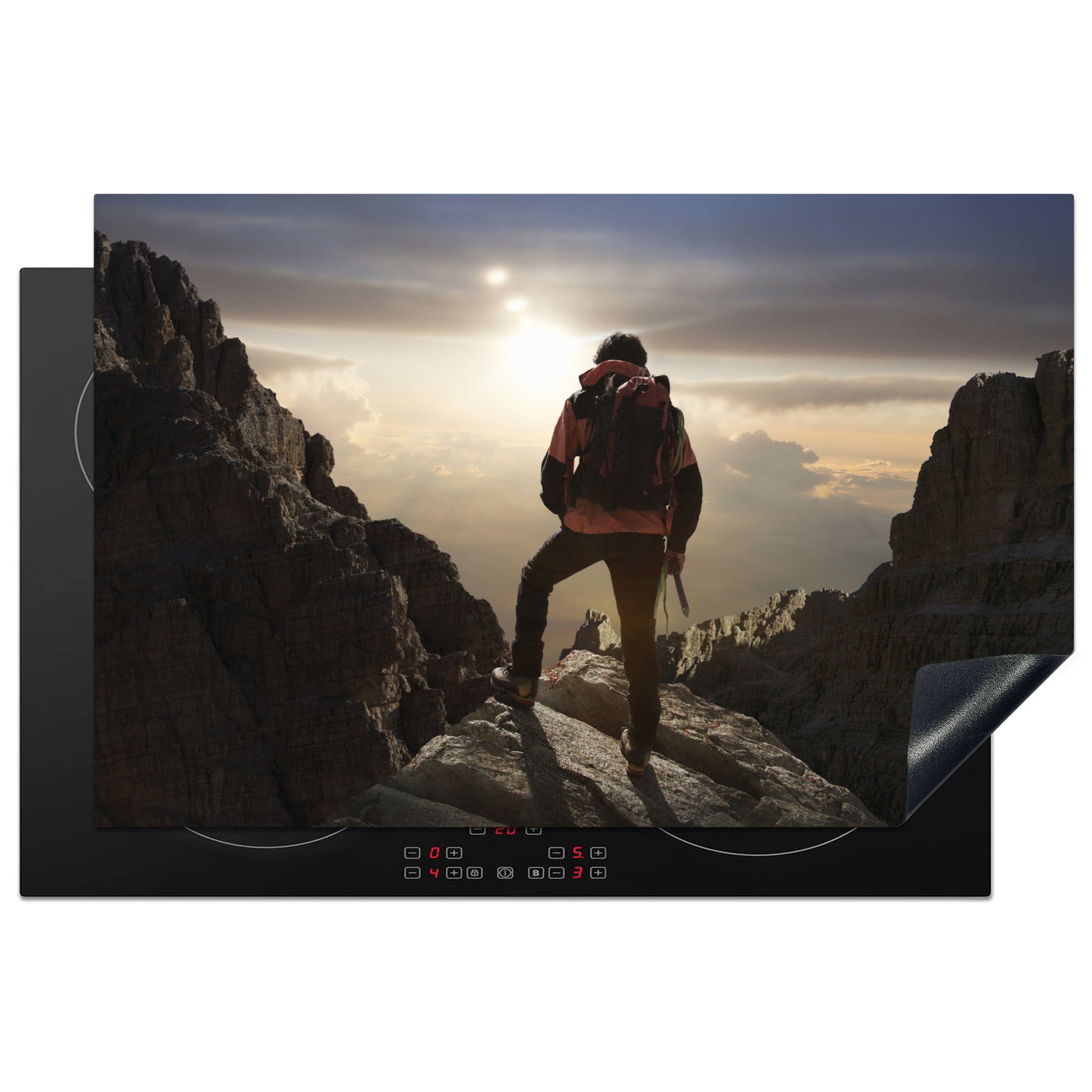MuchoWow Herdblende-/Abdeckplatte Einsamer Bergsteiger auf einem Berg, Vinyl, (1 tlg), 81x52 cm, Induktionskochfeld Schutz für die küche, Ceranfeldabdeckung