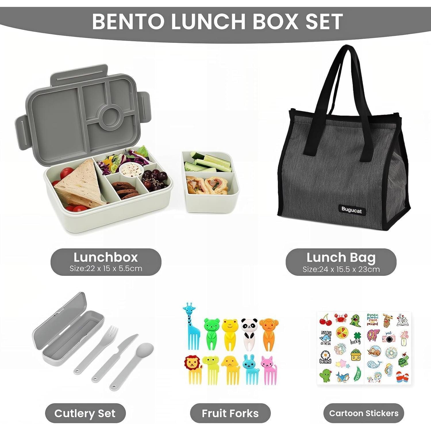 LuxusKollektion Lunchbox Brotdose Kinder 1300ml Fächer Auslaufsicher Bento Besteck Set grau