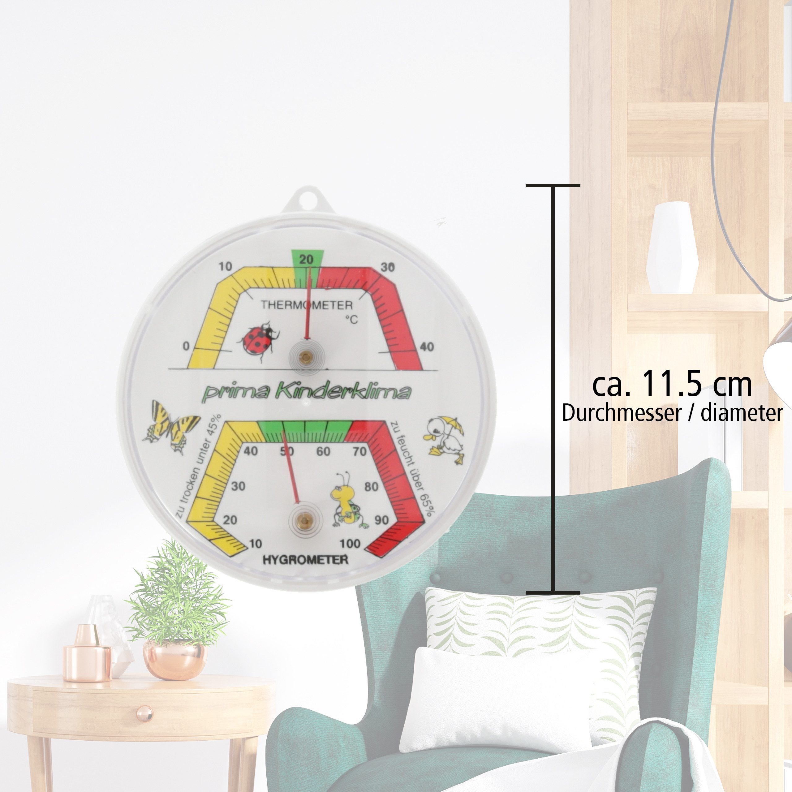 Lantelme Hygrometer Kombi Thermometer für Kinderzimmer Luftfeuchtigkeit Temperaturmesser, (Deutsche Herstellung, Kunststoff Farbe Weiß), Justierbar, Temperatur 0 - 40°C, Luftfeuchte 10 - 100% rel.