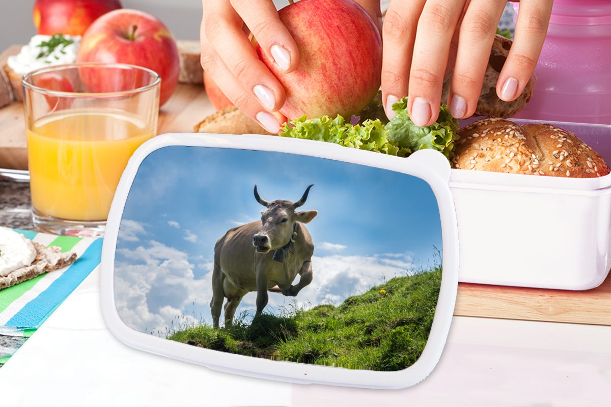 MuchoWow Lunchbox Kinder Kunststoff, - Brotbox Brotdose, Erwachsene, und Mädchen Alpen, - und Kuh Jungs für (2-tlg), Gras für weiß