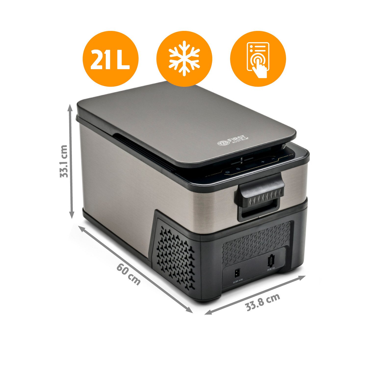 TZS FIRST AUSTRIA Elektrische Kühlbox Kompressor 21L, 12V /230V Anschluss, 12-V-Stecker fürs Auto, für Camping, Festivals, Reisen, mit Kühlfunktion