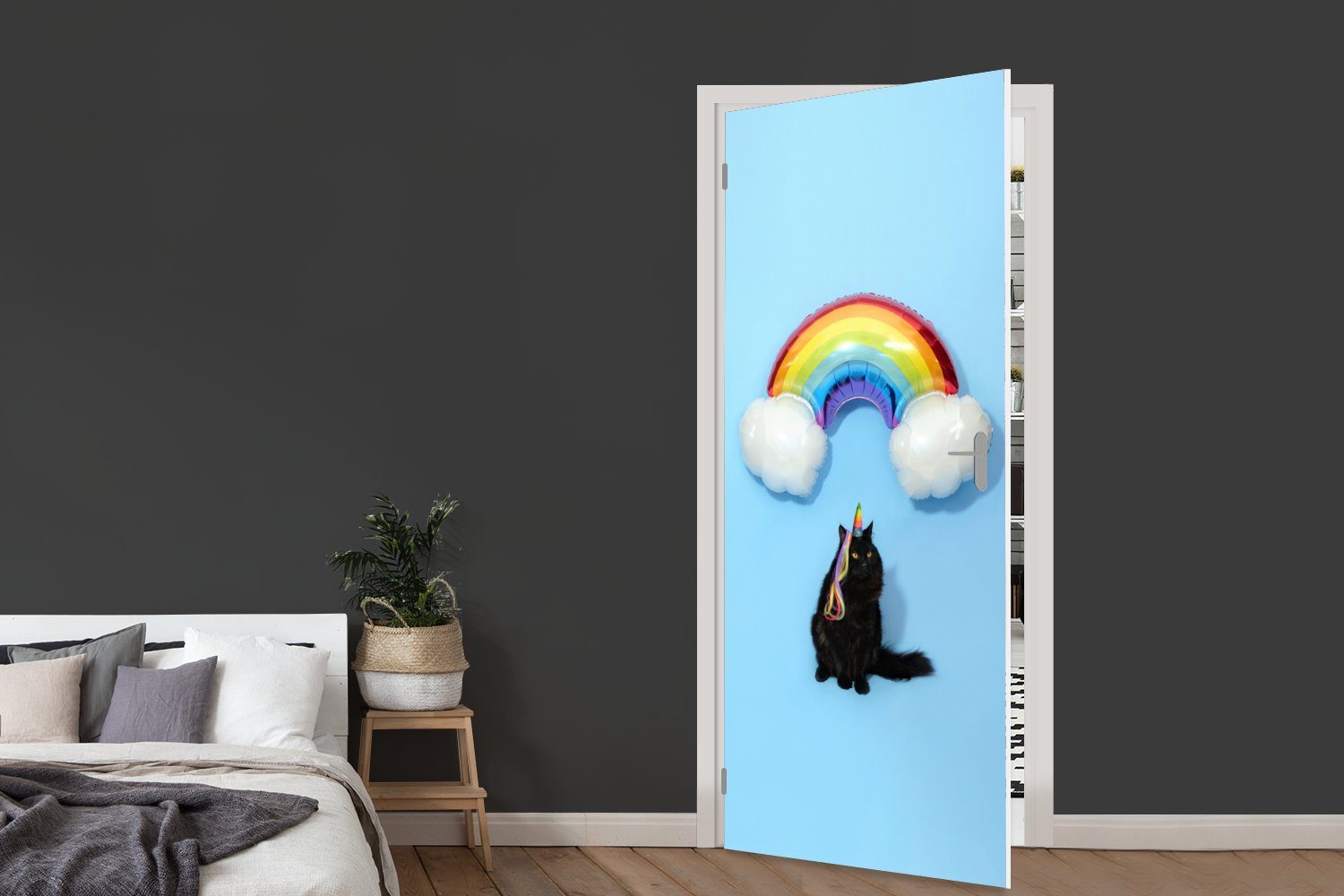 Türtapete (1 für mit einem Fototapete 75x205 Matt, Tür, bedruckt, cm Regenbogenballon, Katze St), MuchoWow Türaufkleber,