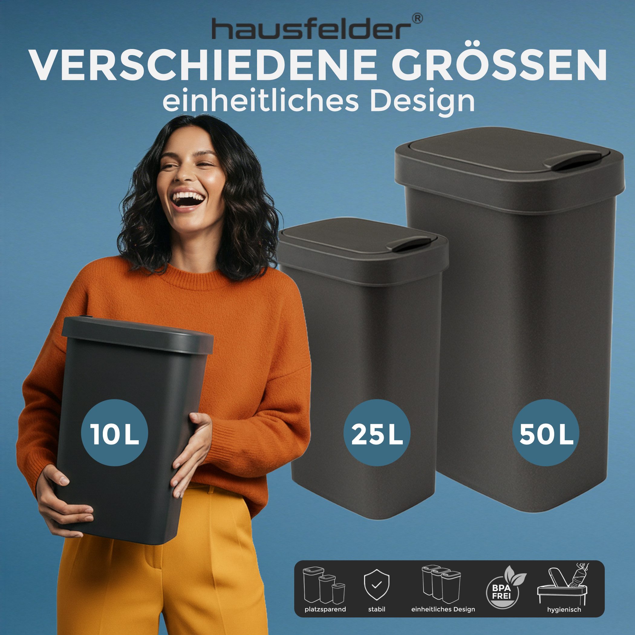 Hausfelder Mülleimer Abfalleimer 10 Liter mit Klapp-Schwingdeckel Abfallbehälter in Schwarz, Made in Germany, mit Klapp- und Schwingdeckel, robuste Konstruktion – Bild 5 von 5