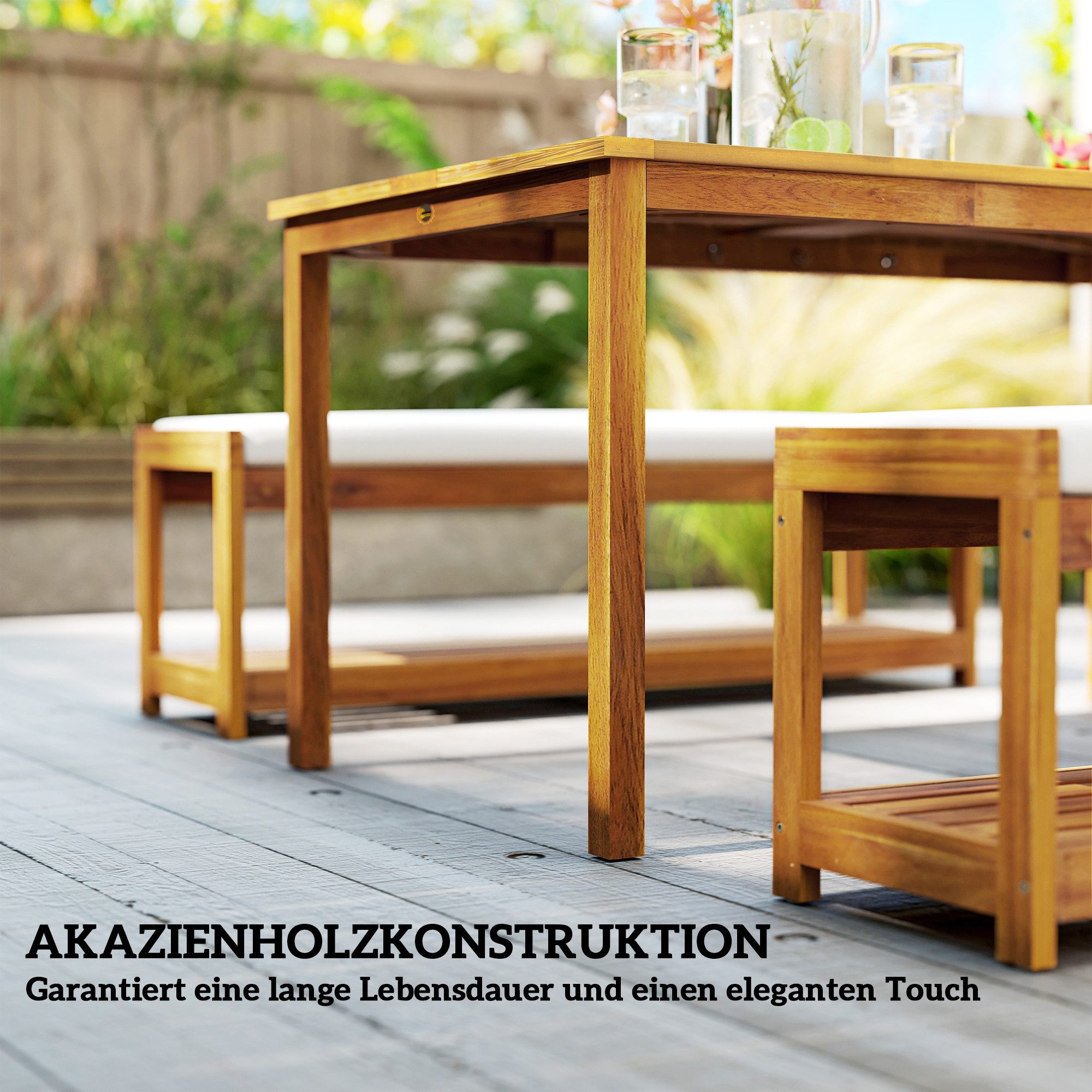 MC Star Gartenlounge-Set 3 tlg. Gartenmöbel-Set, Sitzgarnitur inkl. 1 Esstisch, (mit Schirmloch, 2 Bänke 150 x 85 x 75 cm Teak)