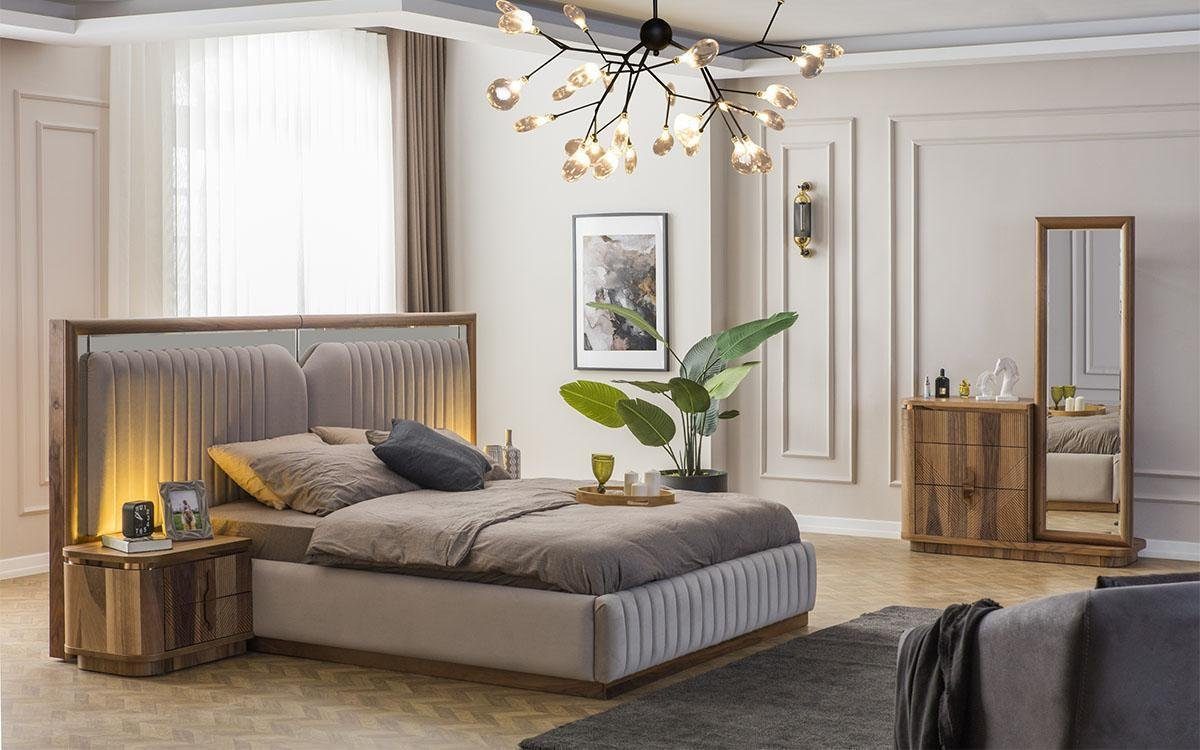 JVmoebel Schlafzimmer-Set Modernes Schlafzimmer Set Bett + 2x Nachttische + Kommode mit Spiegel, Made In Europe