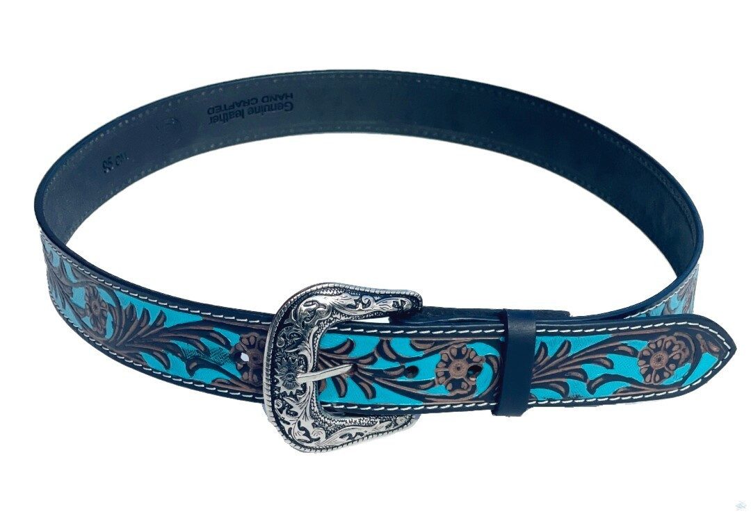 Westernlifestyle Ledergürtel Ledergürtel „Turquoise Blossom“ Westerngürtel Leder – florales Muster – Bild 2 von 4