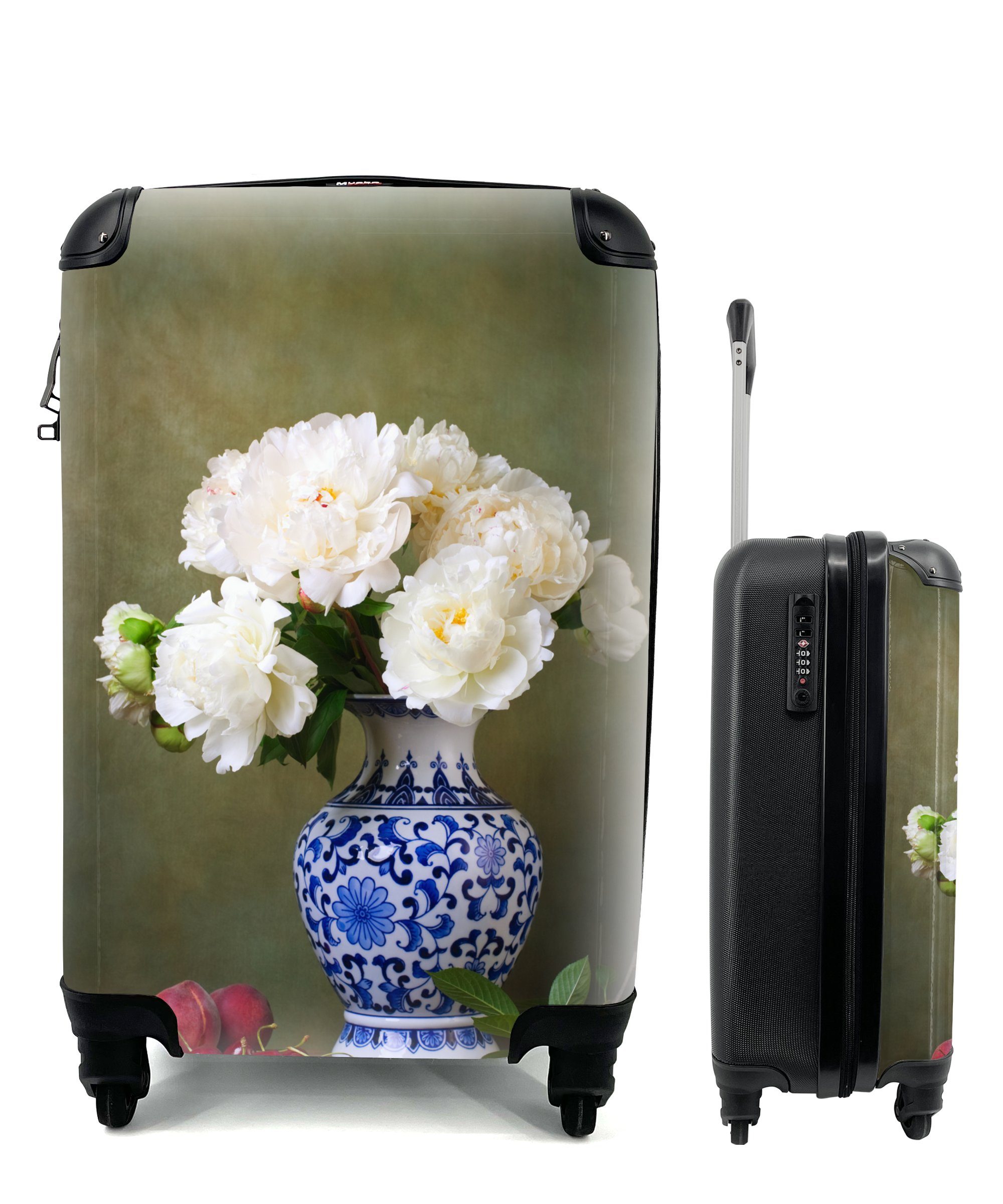 MuchoWow Handgepäckkoffer Pfingstrosen - Vase - Chinesisch, 4 Rollen, Reisetasche mit rollen, Handgepäck für Ferien, Trolley, Reisekoffer