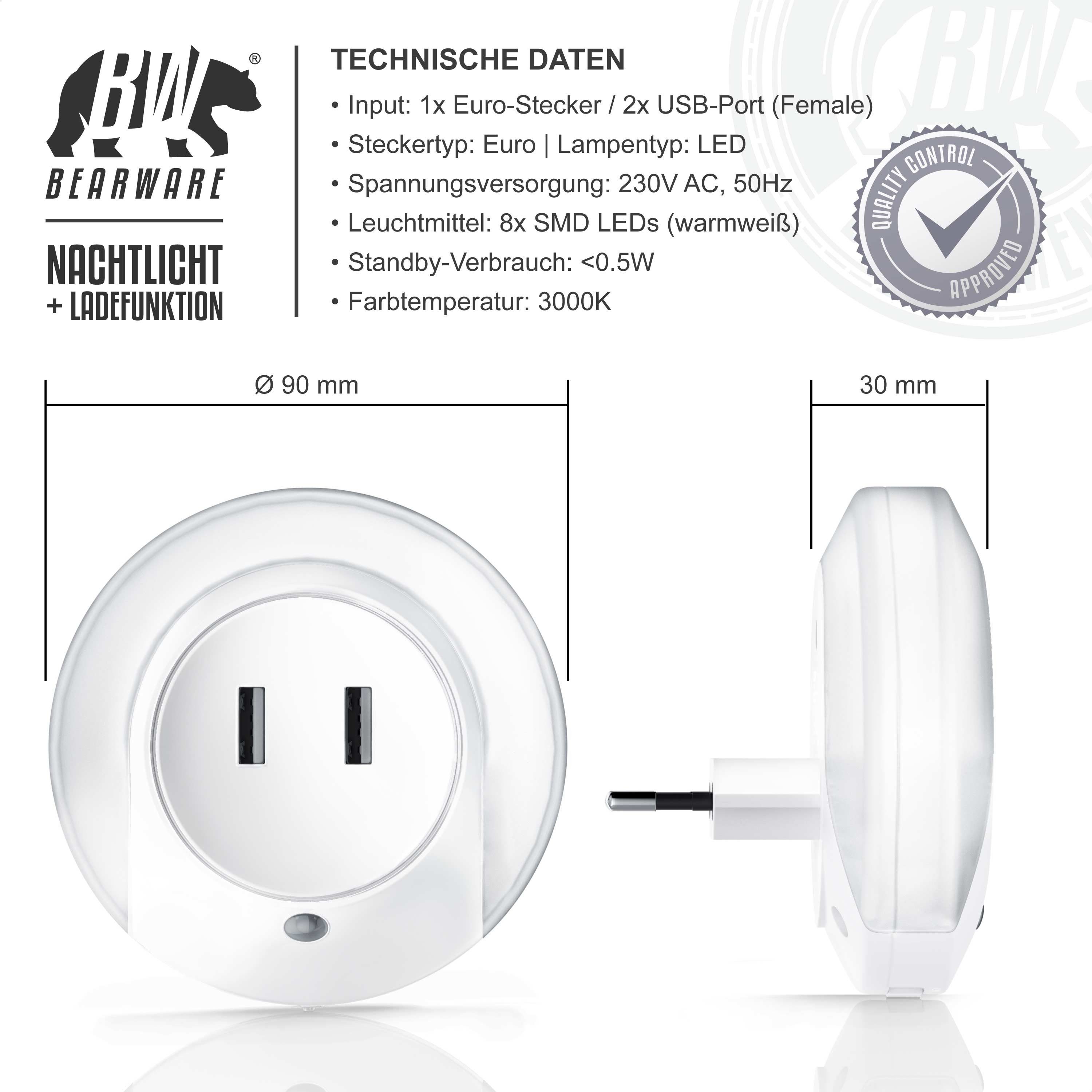 BEARWARE LED Nachtlicht, LED fest integriert, Warmweiß, Nachtlampe mit USB Ladefunktion, Helligkeits & Dämmerungssensor