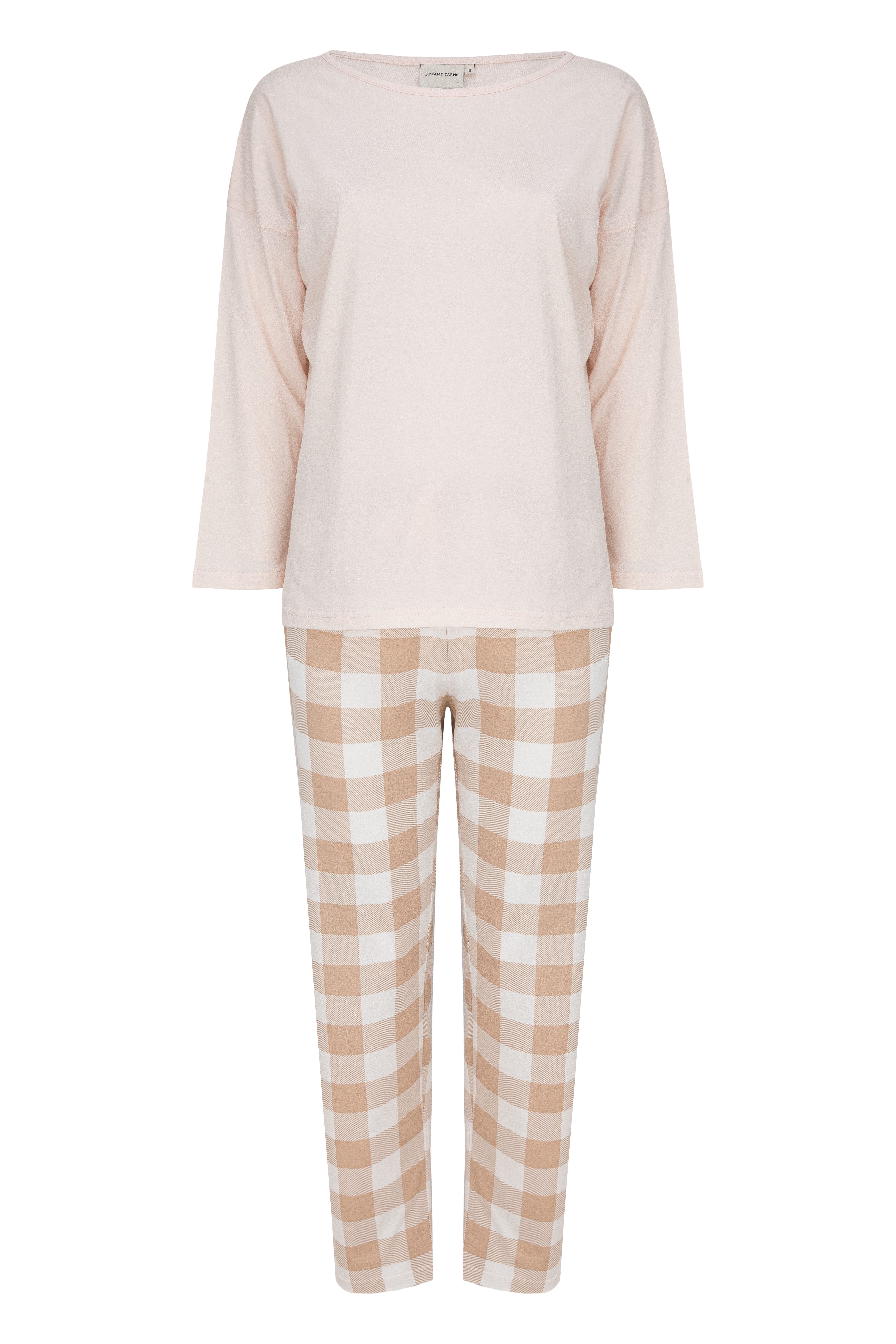 Mademoiselle Sommeil Pyjama Schlafanzug in zartrosa mit beige-karierter Hos günstig online kaufen