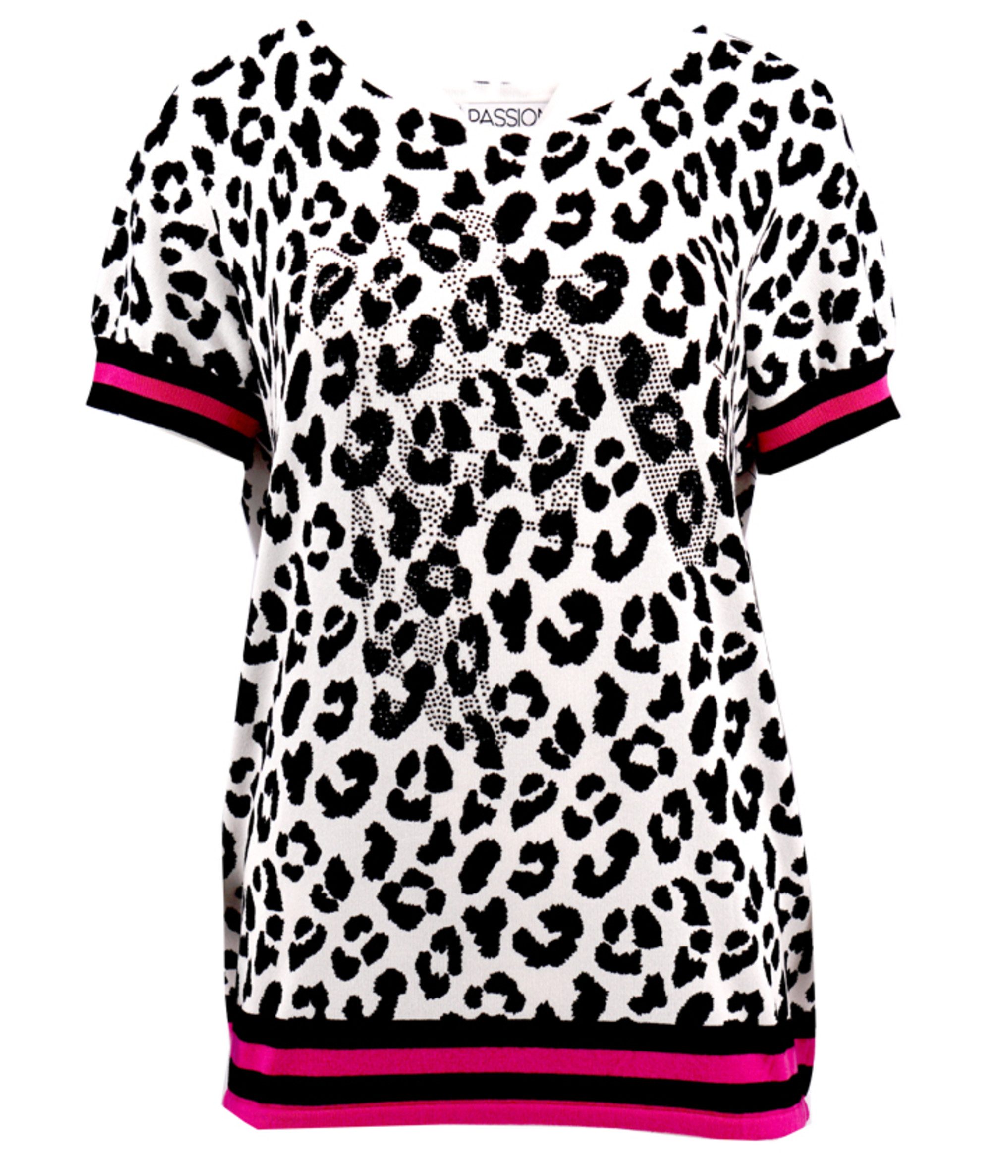 Passioni Print-Shirt Leoparden T-Shirt in Schwarz-Weiß mit Streifen und Glitzersteinen Rundhalsausschnitt, Leopardenprint, Streifendetails, Glitzersteine