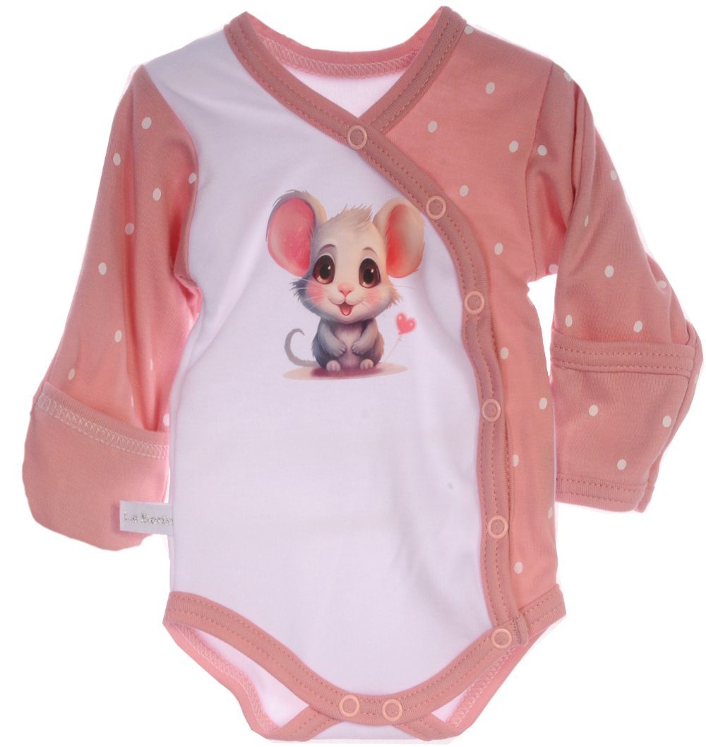 La Bortini Body & Hose Wickelbody Schlupfhose Baby Anzug Set in Weiß Rosa mit Maus aus reiner Baumwolle, 44 50 56 62 68 74 80 86