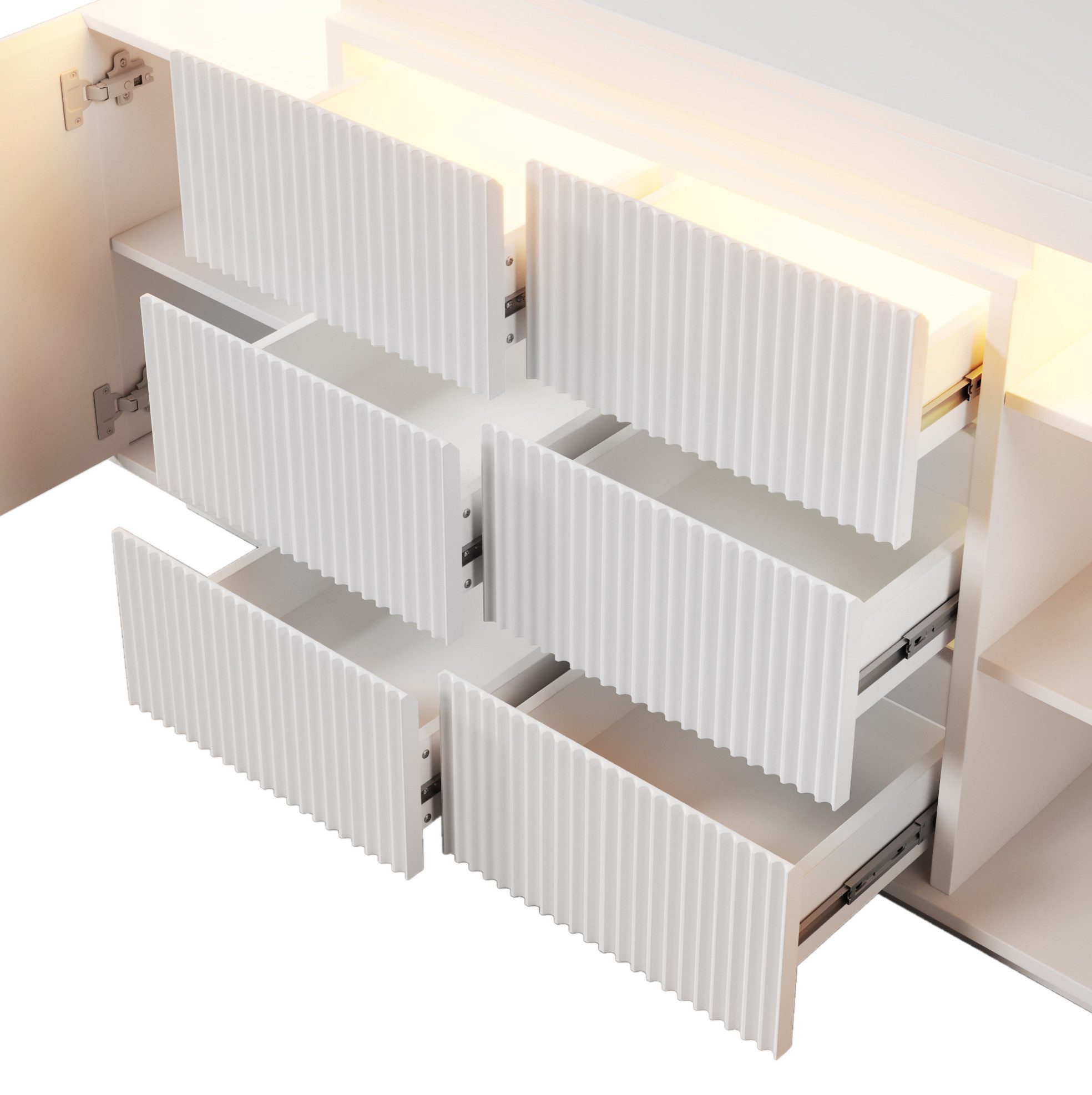 MODFU Sideboard Kompakter Schrank für Wohnzimmer & Schlafzimmer (Packung, 1 St., Weiß, 150×40×78 cm mit LED & Stauraum), 6 Schubladen, 2 Türen, Kippsicherung