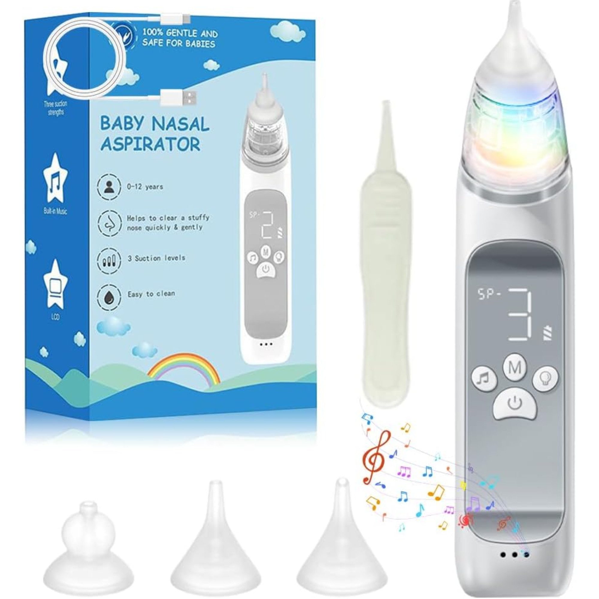 Vivitar Аспіратори Baby mit 9 Saugstufen, Nachtlicht & Musik, Wiederaufladbar über USB-C, Einfach zu Reinigen, Farbenfrohe Kinderlieder, Silikon-Saugspitze für Kleinkinder, Hygienisch, leicht zu reinigen, spülmaschinengeeignet für Neugeborene, 800 mAh Akku Sanfte Nasenreinigung mit weicher BPA-freier