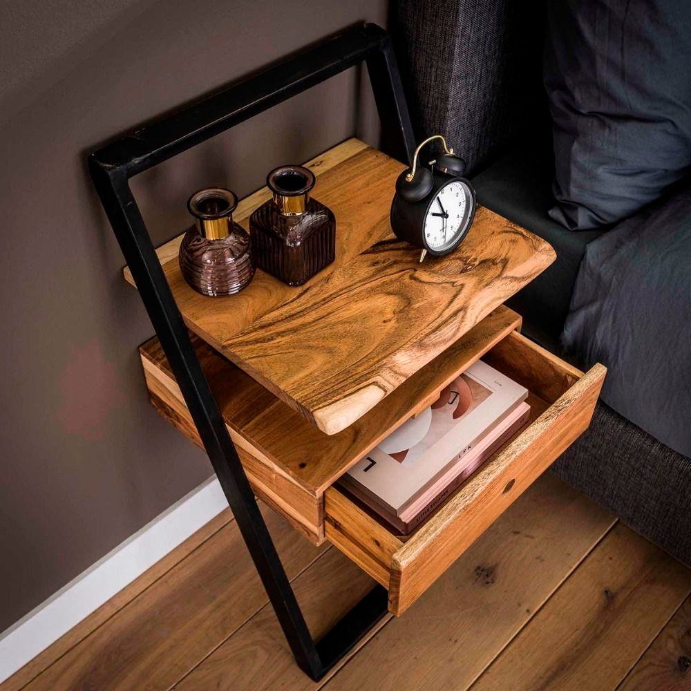Natur-dunkel Massivholz Schublade Möbel Beistelltisch mit Nalani und Schwarz, Nachttisch RINGO-Living in