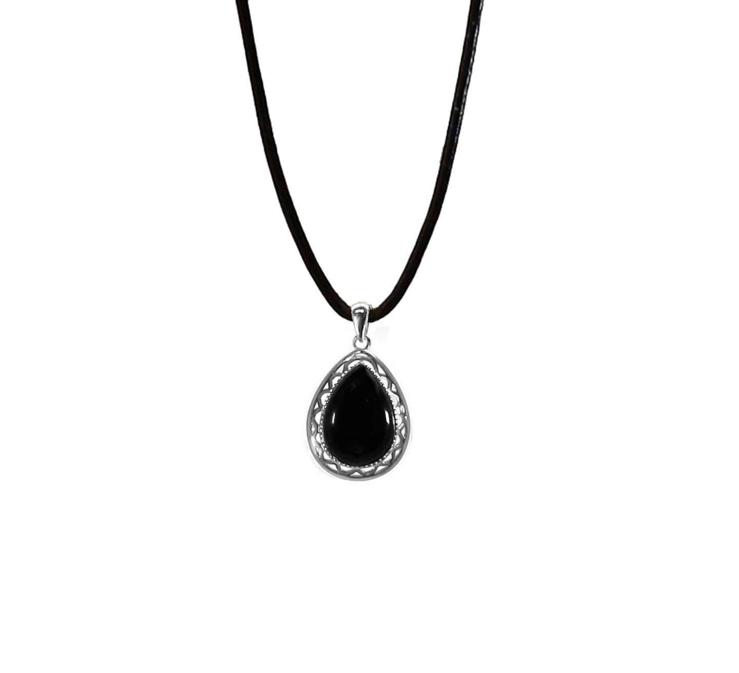Edellis Kette mit Anhänger Halskette mit Tropfen Anhänger aus Naturstein, Ziegenleder und Silber