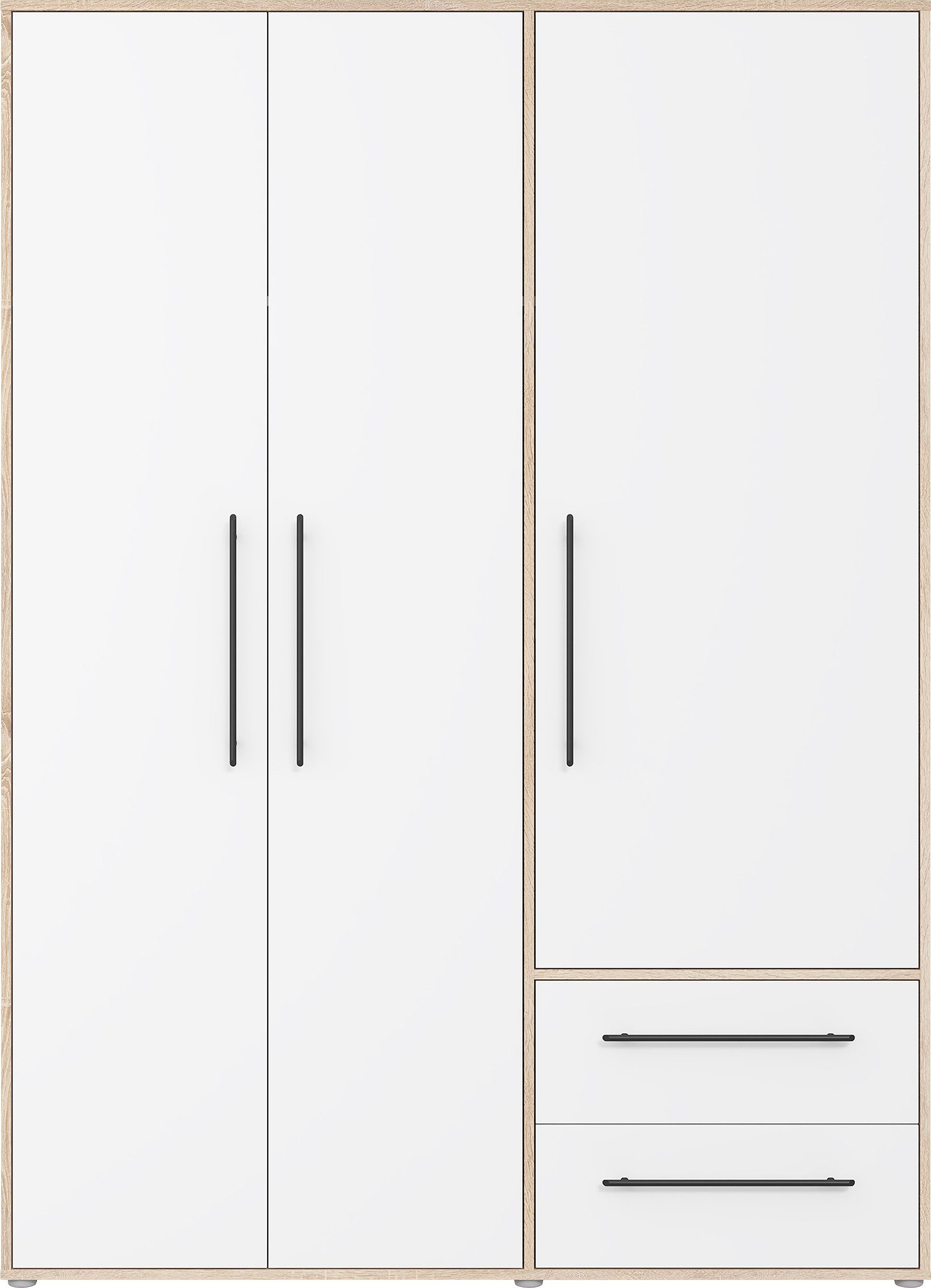 FORTE Kleiderschrank Mokkaris,Topseller, zeitloses Design, 3–4 Türen, Made in Europe (B/H/T ca. 145x200x59cm oder 206x200x59cm) Schubladen + schwarze Stangengriffe, Made in Europe, viel Stauraum