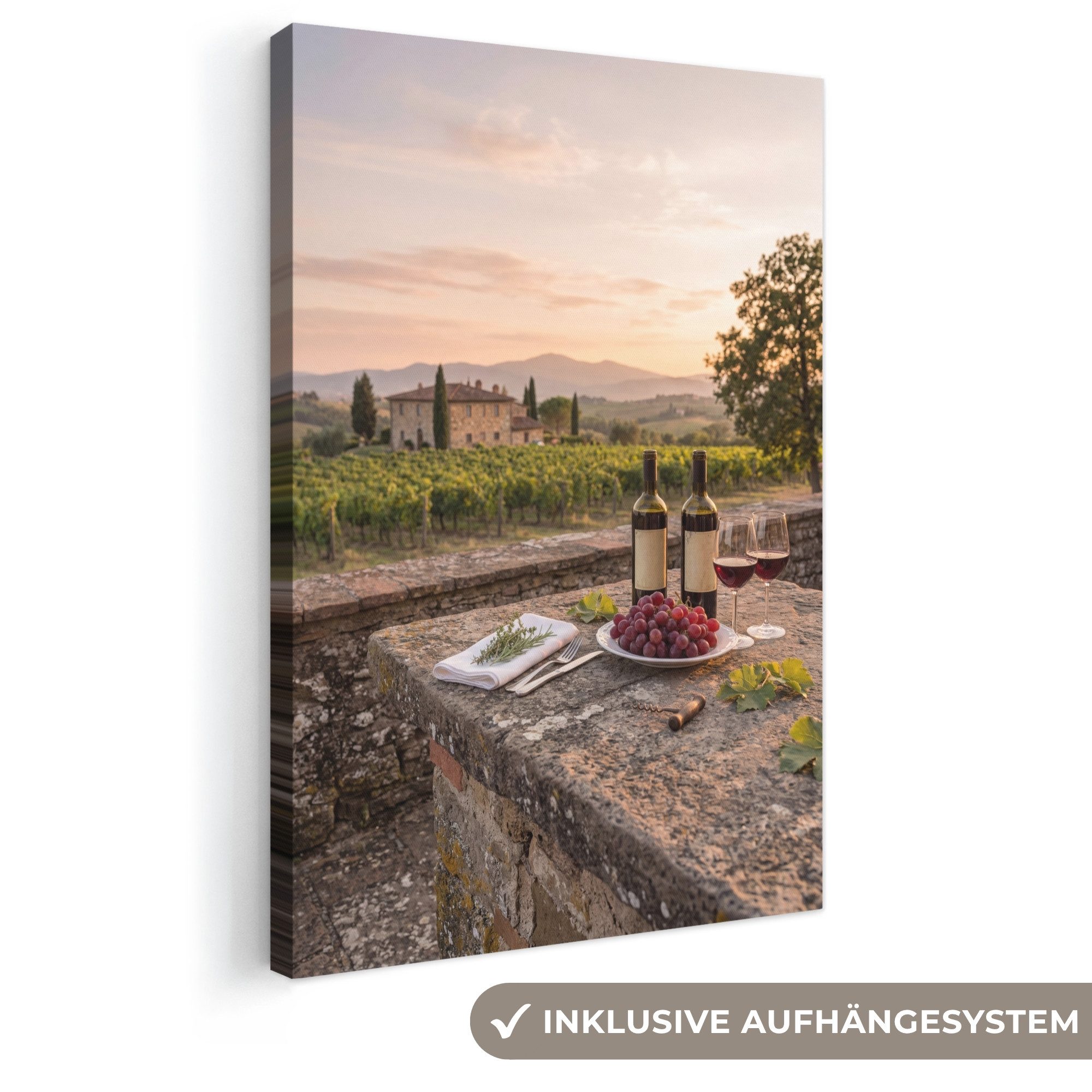OneMillionCanvasses® Leinwandbild Wein - Gläser - Trauben - Weinberg, Fotodruck (1 St), Leinwand Canvas Wandbild, Wanddekoration 20x30 cm