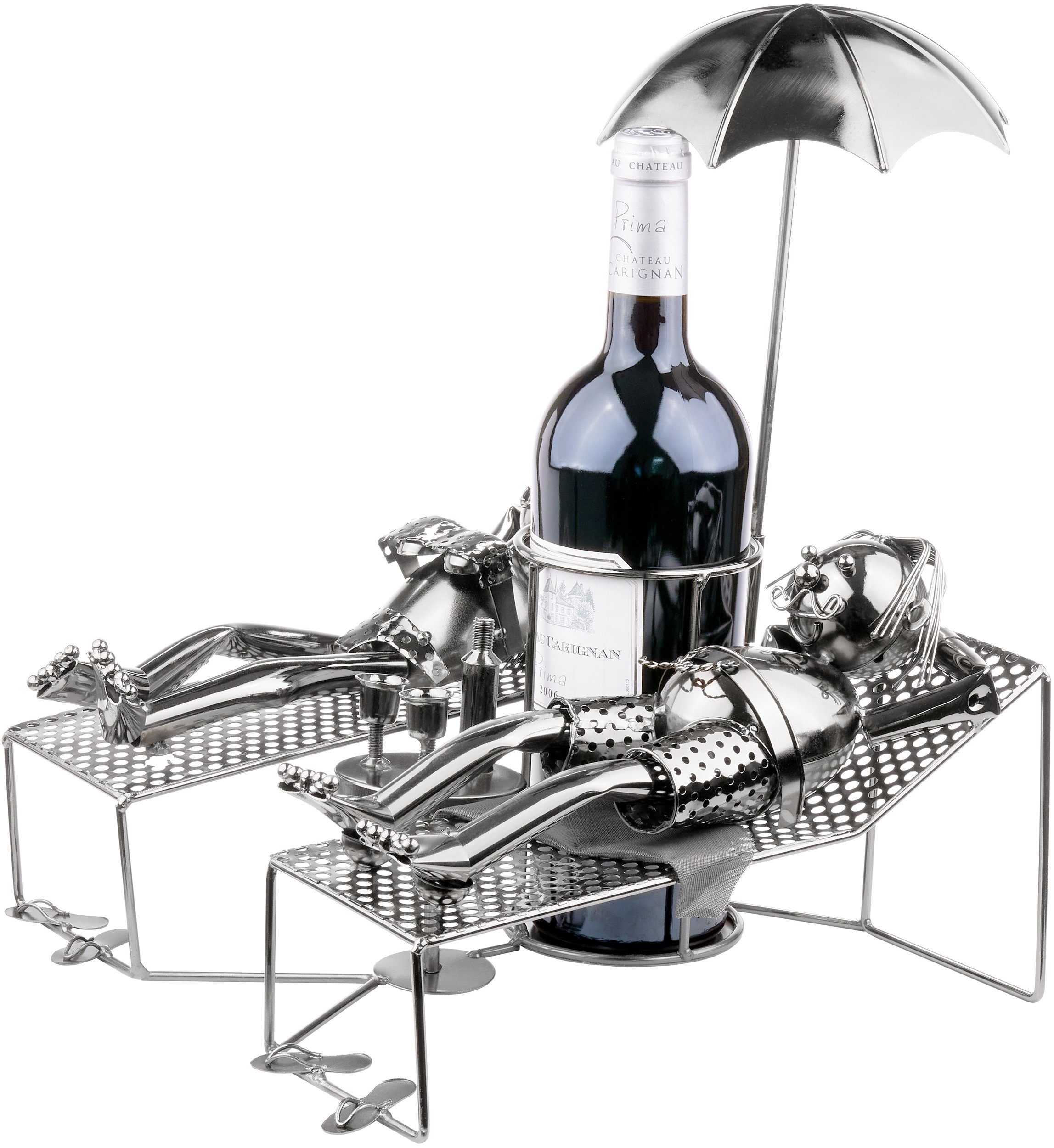 BRUBAKER Weinflaschenhalter Liebespaar im Urlaub - Metall Skulptur, (Silber Metallfigur Flaschenhalter, 1-St., Weingeschenk für Urlauber mit Grußkarte), Flaschenständer liegendes Paar unter Palme