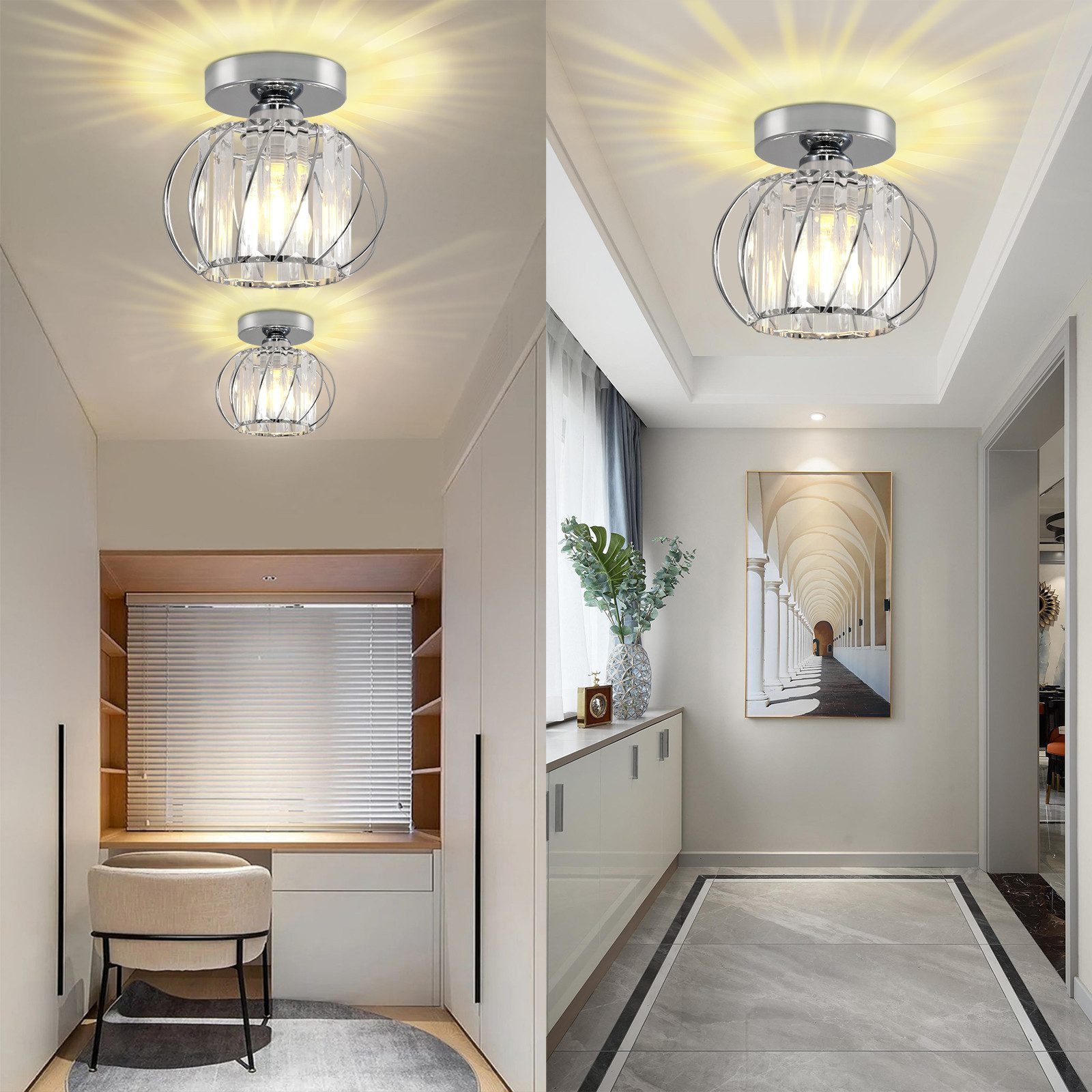 Ophy Deckenleuchte Moderne Kristall-Deckenleuchte (Mini), wechselbar: Halogen oder LED (E27), Silber, für Wohnzimmer & Flur (Deckenlampe, Glühlampe nutzbar)