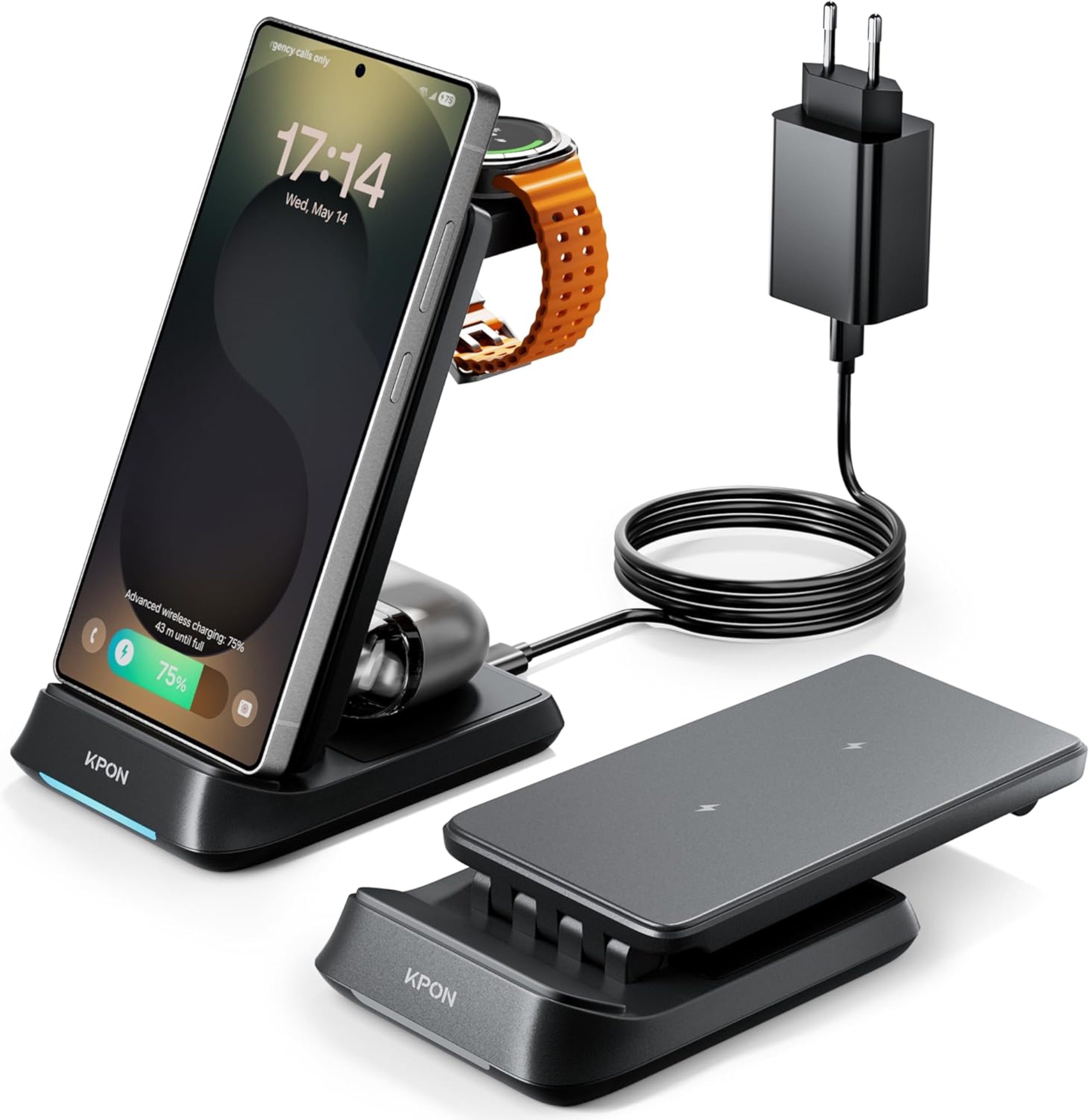 KPON 3-in-1 Induktive Ladestation 20W Faltbar Galaxy iPhone Watch AirPods Wireless Charger (1500 mA, Komplettset für Smartphone, Watch und Earbuds, Ladegerät mit Netzadapter, USB-C-Kabel und Anleitung, 3-in-1 Ladegerät für Samsung, iPhone, Watch, Buds)