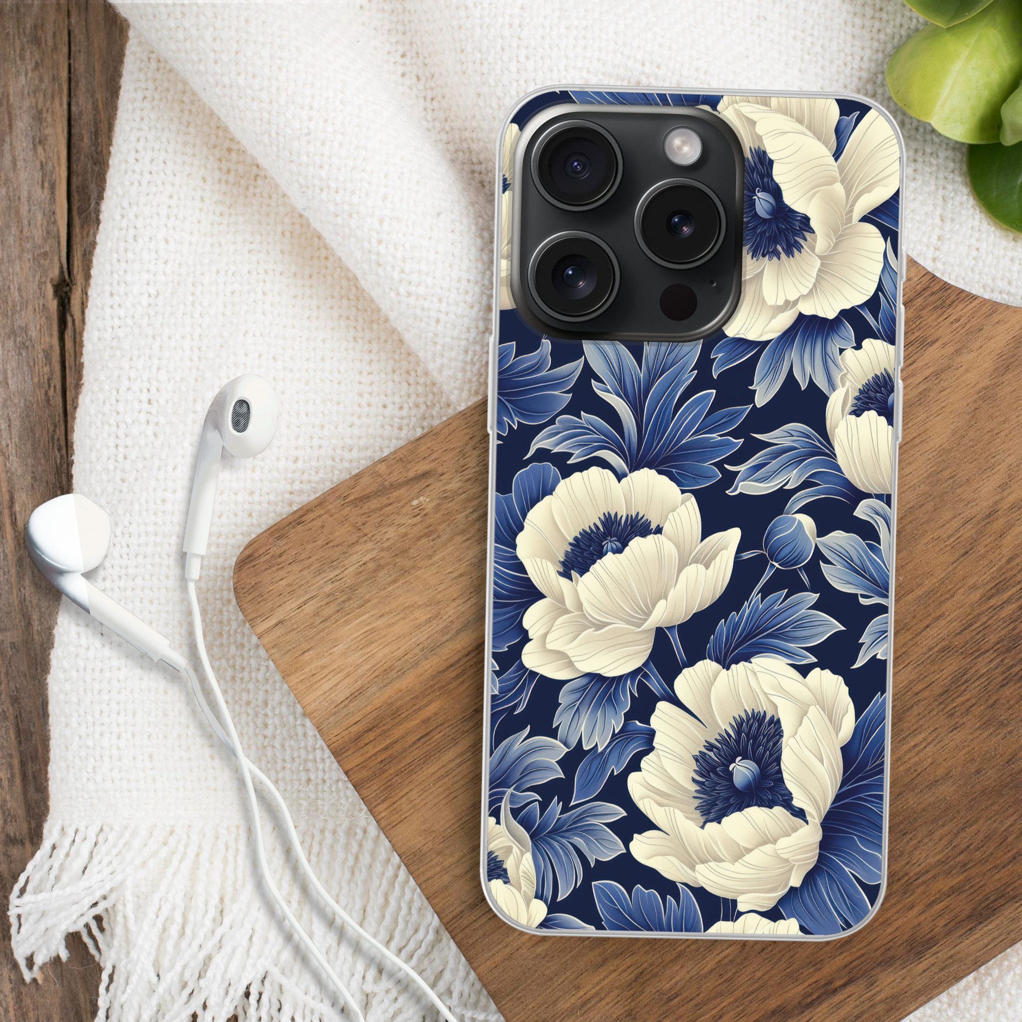 MuchoWow Handyhülle für Apple iPhone 15 Pro Blumen - Muster - Blau - Weiß, Smartphone-Bumper, Print, Handy Schutzhülle Dünn