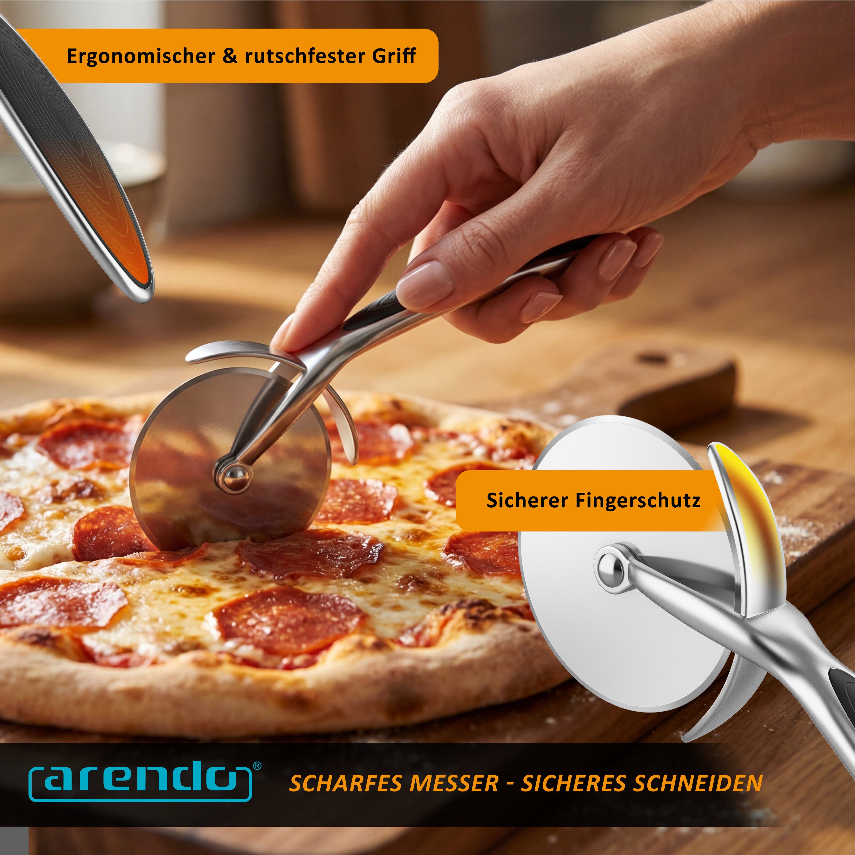Arendo Pizzaschneider Profi Edelstahl Pizzaroller, scharfe 7cm Klinge, robust & stabil, Rostfrei, spülmaschinengeeignet, ergonomischer Griff, Pizza Cutter