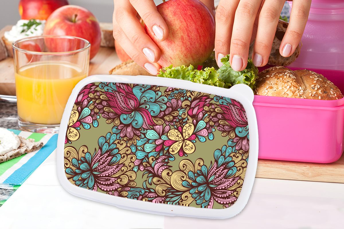 Brotdose Abstrakt, - Mädchen, rosa MuchoWow Lunchbox Kunststoff Kinder, Kunststoff, Blätter - Muster Snackbox, Brotbox für (2-tlg), Erwachsene,