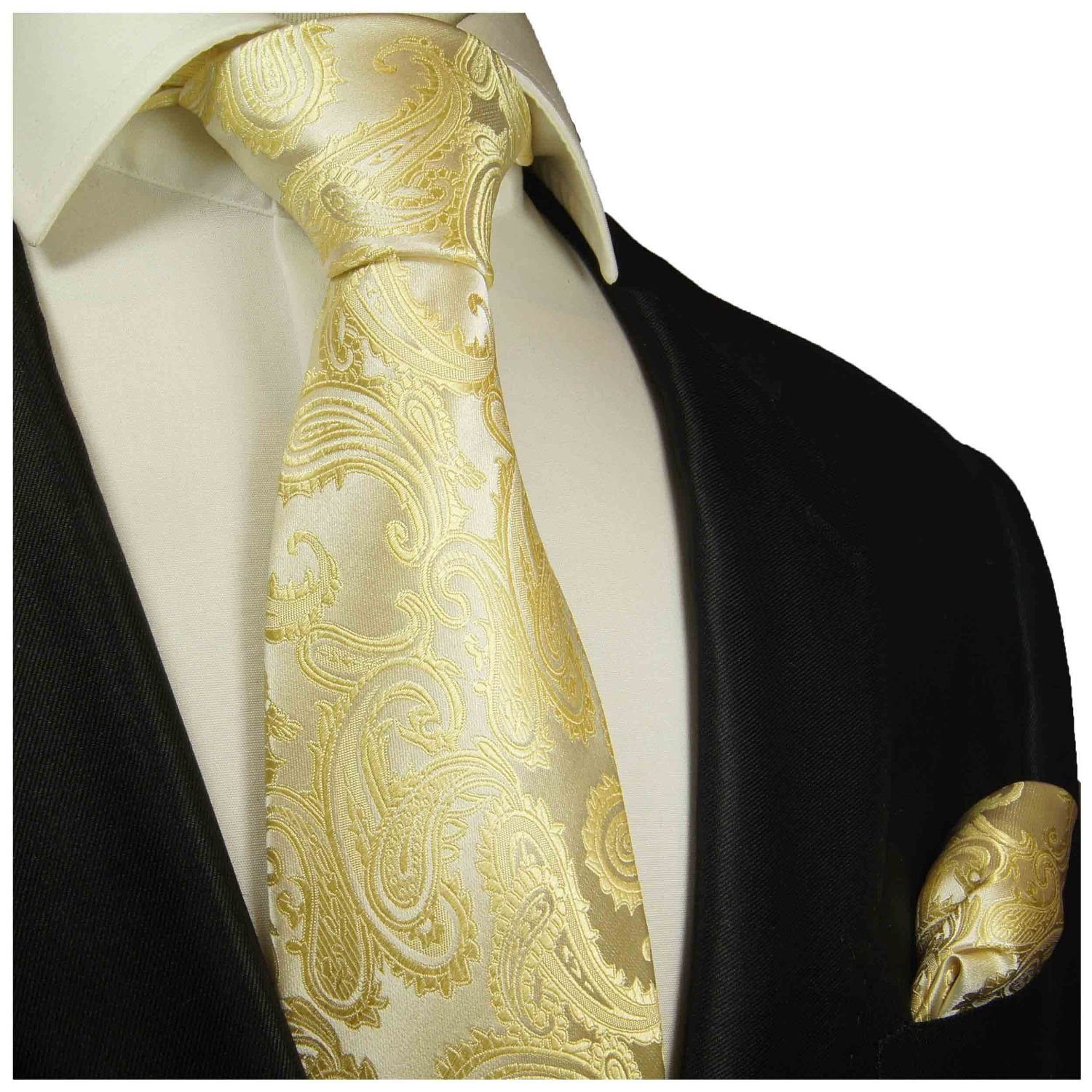 100% Elegante mit (Set, Malone Hochzeit (6cm), 2001 paisley mit Paul Seidenkrawatte Einstecktuch) Herren creme Krawatte Seide Schmal 2-St., Tuch Krawatte
