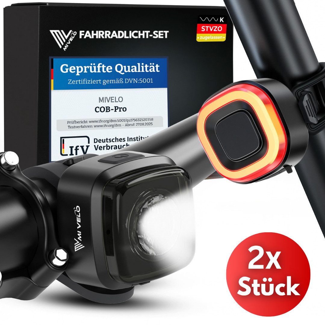 MIVELO Fahrradbeleuchtung MiVelo COB Pro Fahrradlicht LED Set – Frontlicht, Rücklicht oder Set, StVZO zugelassen, Rücklicht mit Bremsfunktion wählbar