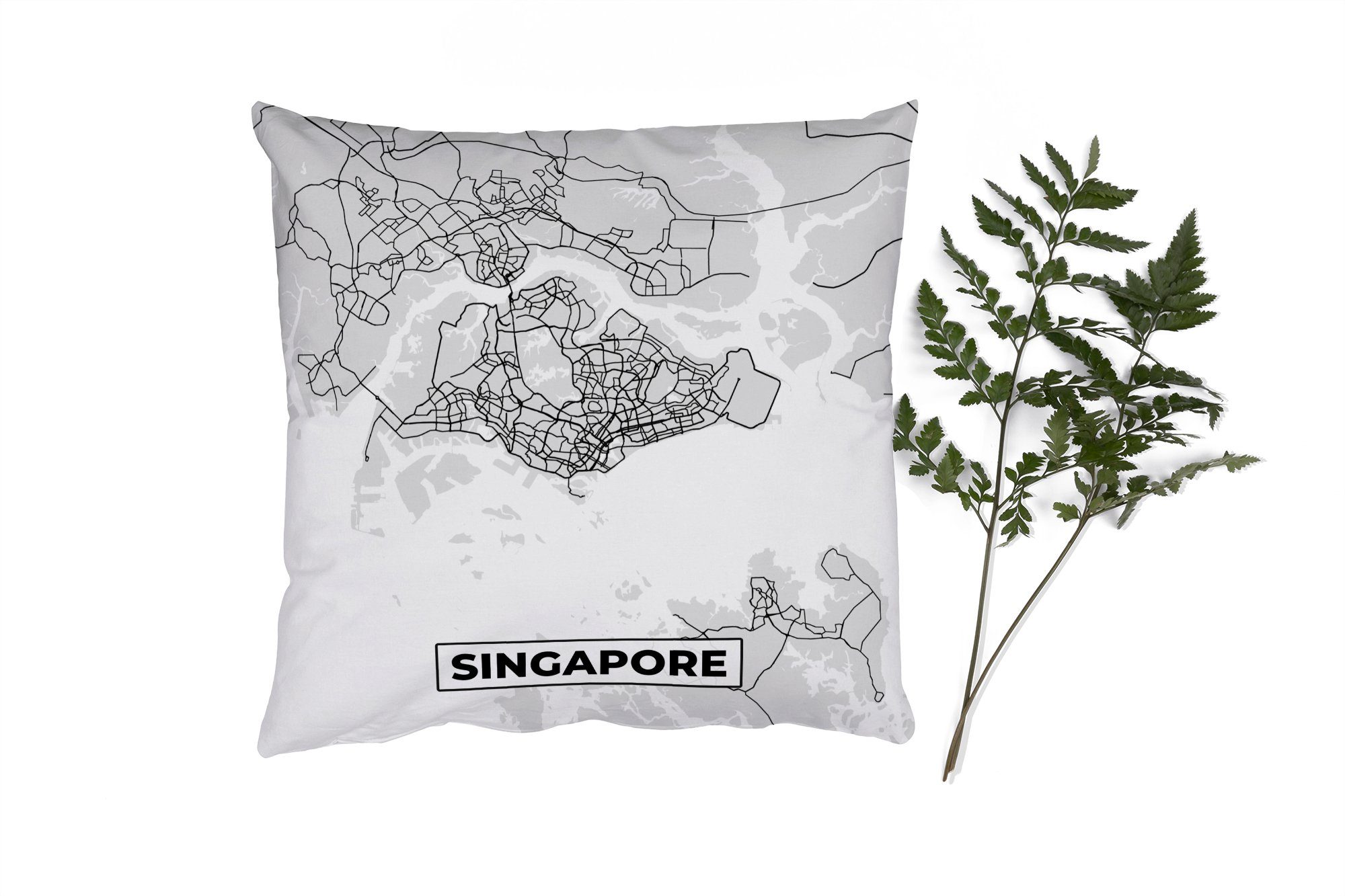 MuchoWow Dekokissen Singapur - Karte - Stadtplan - Schwarz und weiß - Karte, Zierkissen mit Füllung für Wohzimmer, Schlafzimmer, Deko, Sofakissen