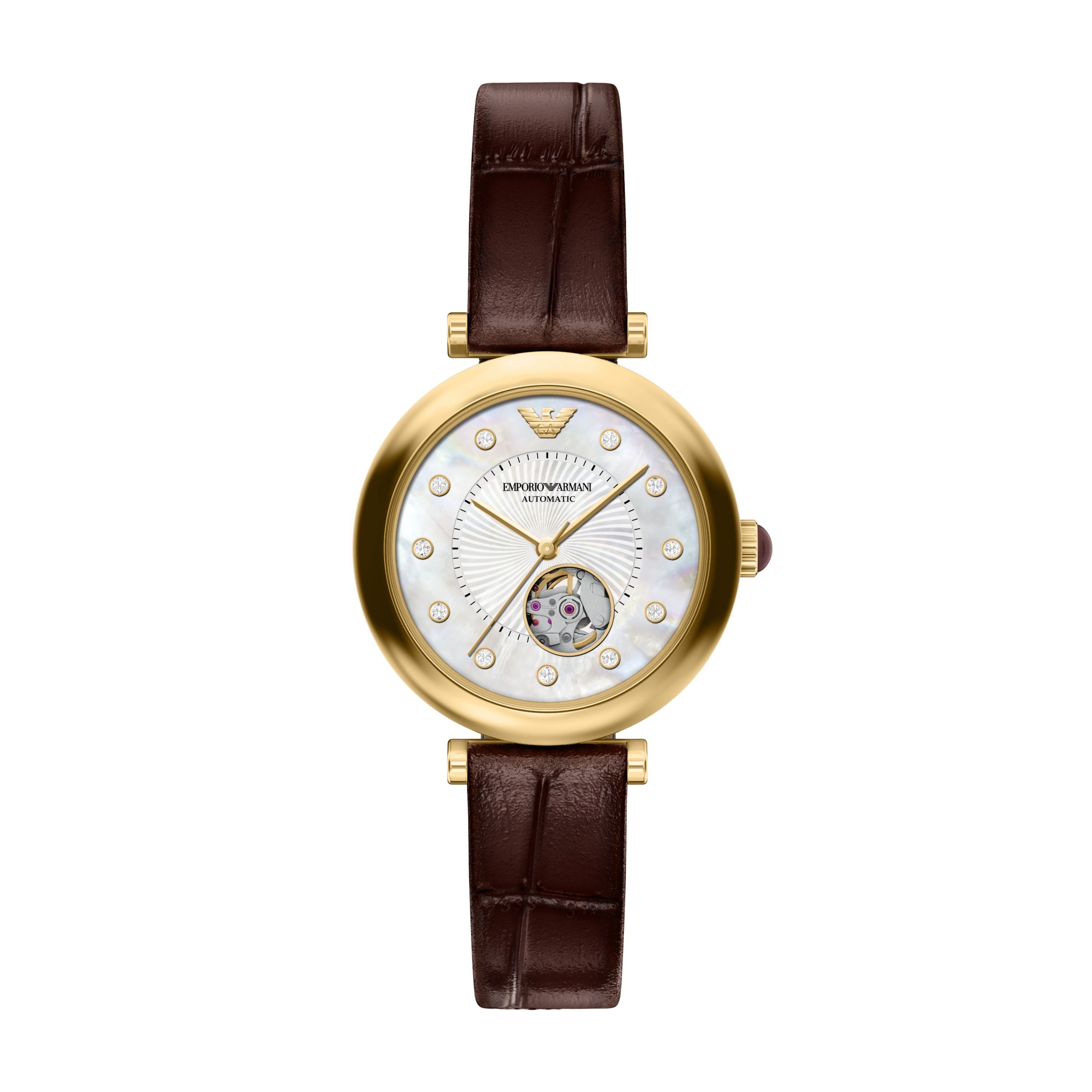Emporio Armani Automatikuhr AR60097, Armbanduhr, Mechanische Uhr, Lederarmband, analog, Glassteine