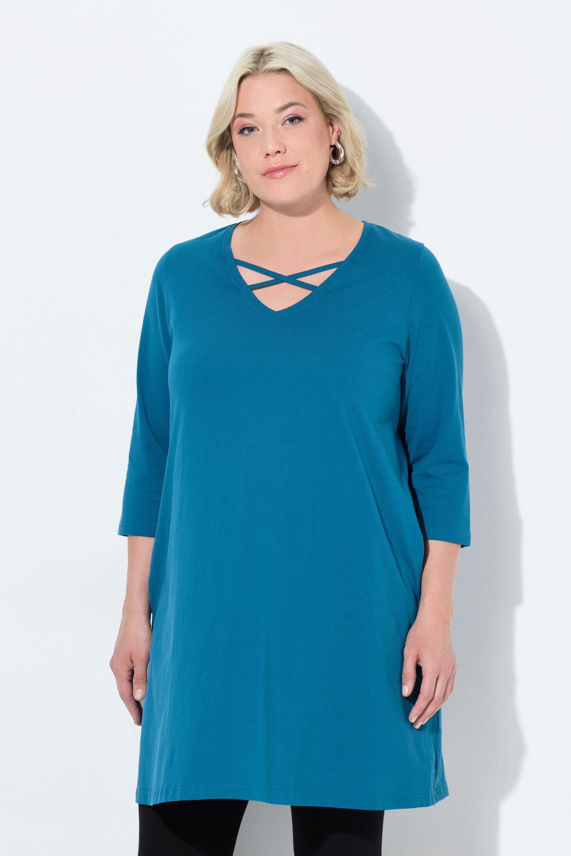 Ulla Popken Longshirt Longshirt Zierbänder A-Linie V-Ausschnitt 3/4-Arm günstig online kaufen