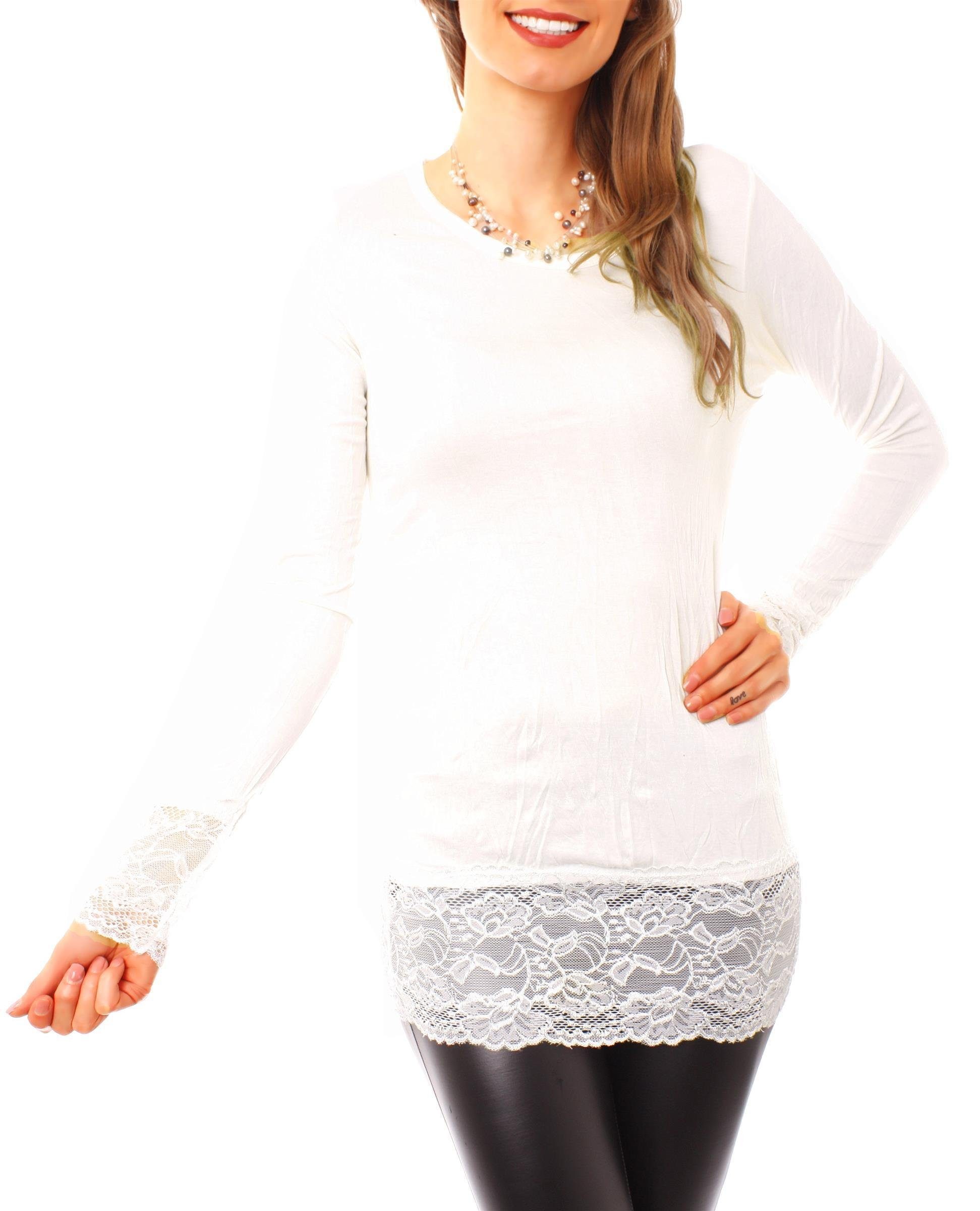 Muse Rundhalsshirt Langarm Longshirt mit Spitzensaum günstig online kaufen