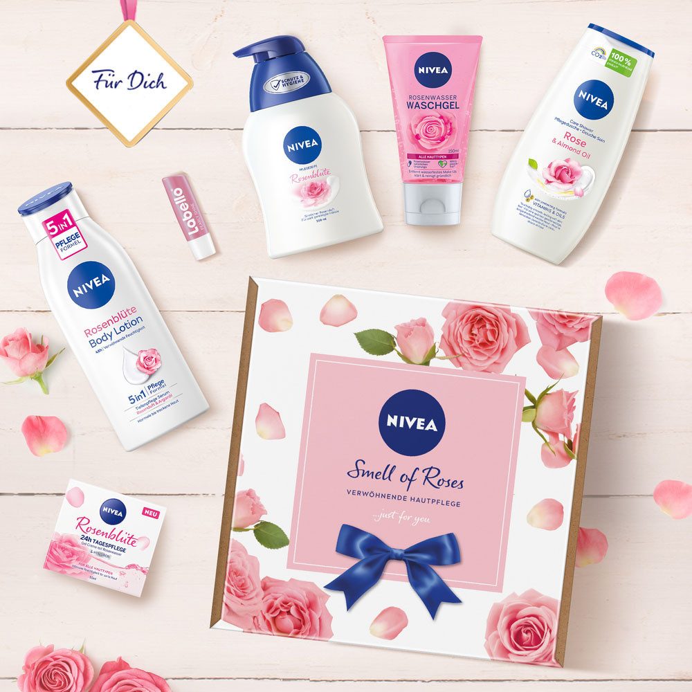 Nivea Pflege-Geschenkset SMELL OF ROSES, 6-tlg., mit Rosenwasser Waschgel