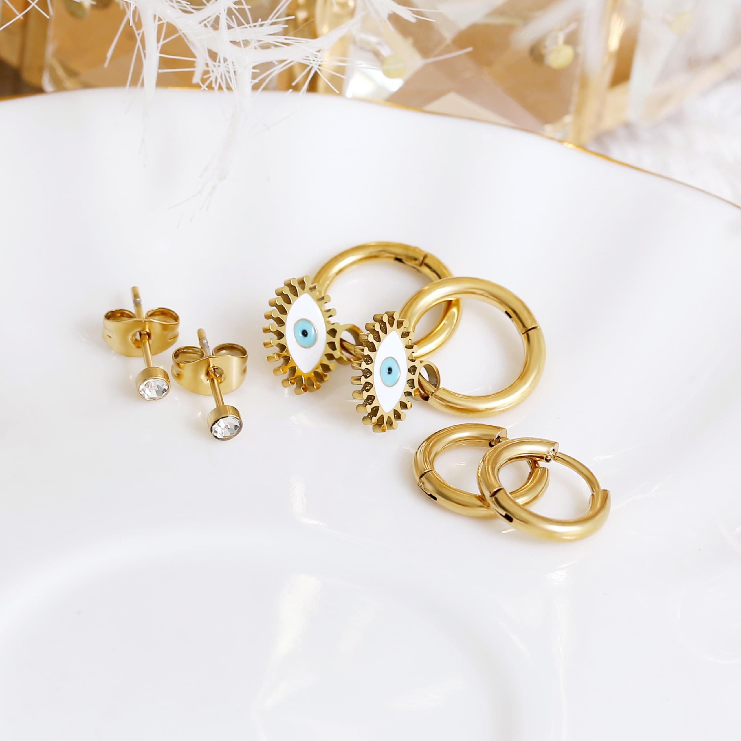 Made by Nami Ohrring-Set 3er-Set mit Evil Eye Gold Ohrringe und Ohrstecker mit Edelstein, aus Chirurgischem Edelstahl - Wasserfester Schmuck Nazar Boncuk – Bild 5 von 5