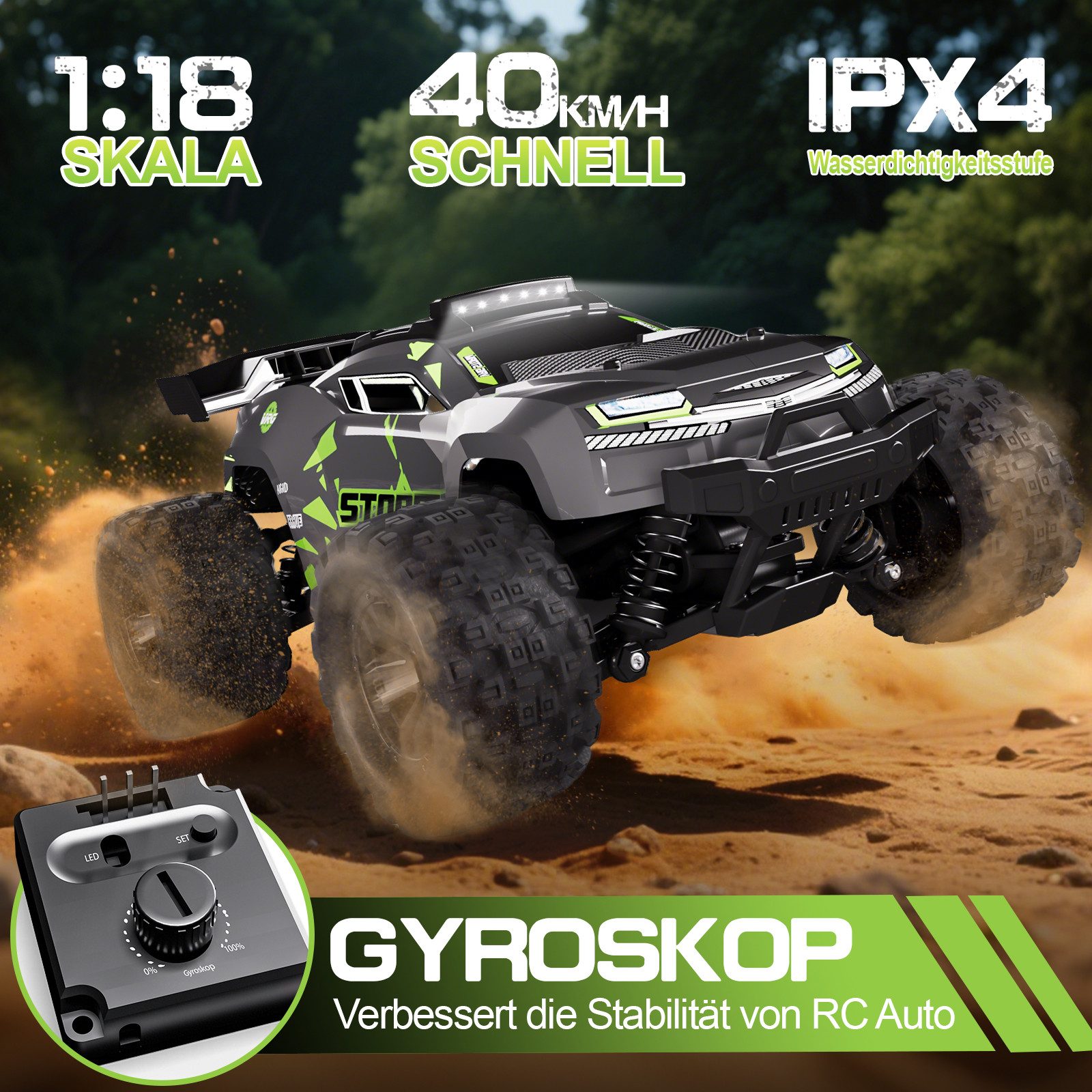Esun RC-Auto 40KM/H Ferngesteuertes Auto ab 8 10 Jahre, 1/18 RC Auto Offroad (Set, Komplettset), 2,4GHz Monstertruck Ferngesteuert mit Licht, 4WD