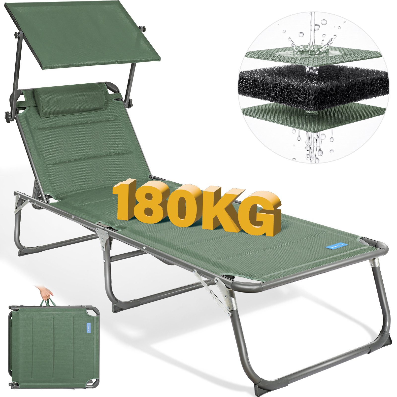 HOMECALL Gartenliege Sonnenliege AluLiege Liegestuhl Strandliege Liegen wetterfest, klappbar, Textilene Mit Dickemschnelltrocknende Schaumstoffpolsterung, Verstellbare Rückenlehne, Sonnenblende, Kopfpolster, bis 180KG