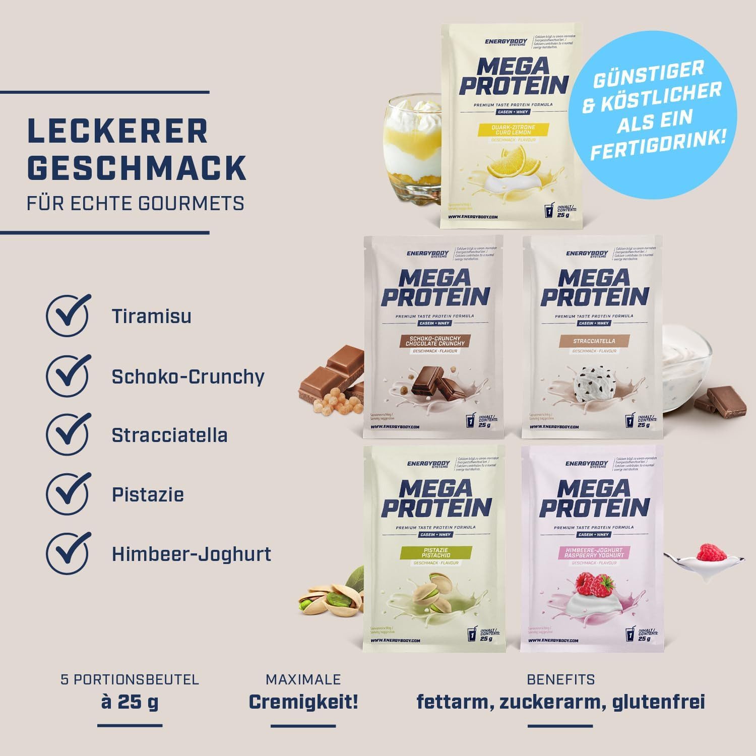 Energybody Systems Mega Protein Probierpaket Eiweißpulver, Whey Protein und Casein Pulver, 5 er, aspartamfrei, ideal für unterwegs und zum Testen, 5x25 g