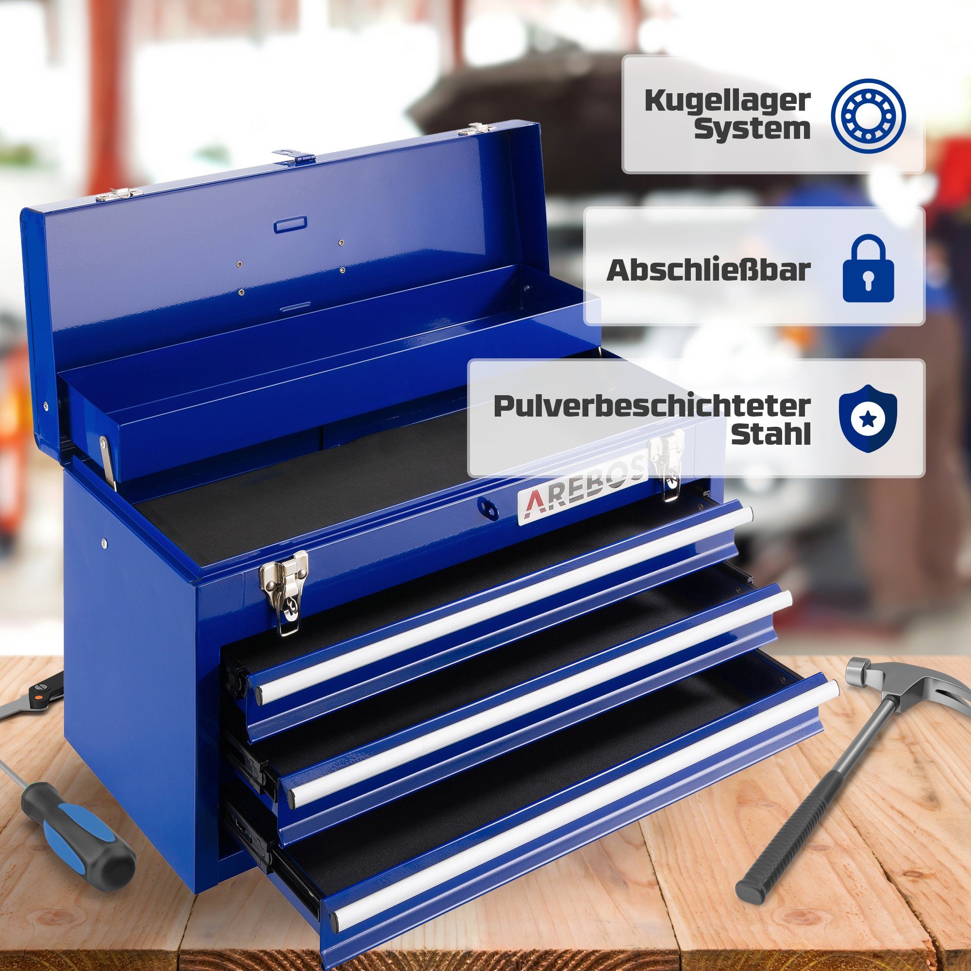 Arebos Werkzeugkoffer 3 Schubladen & blau mit 2 Ablagefächern