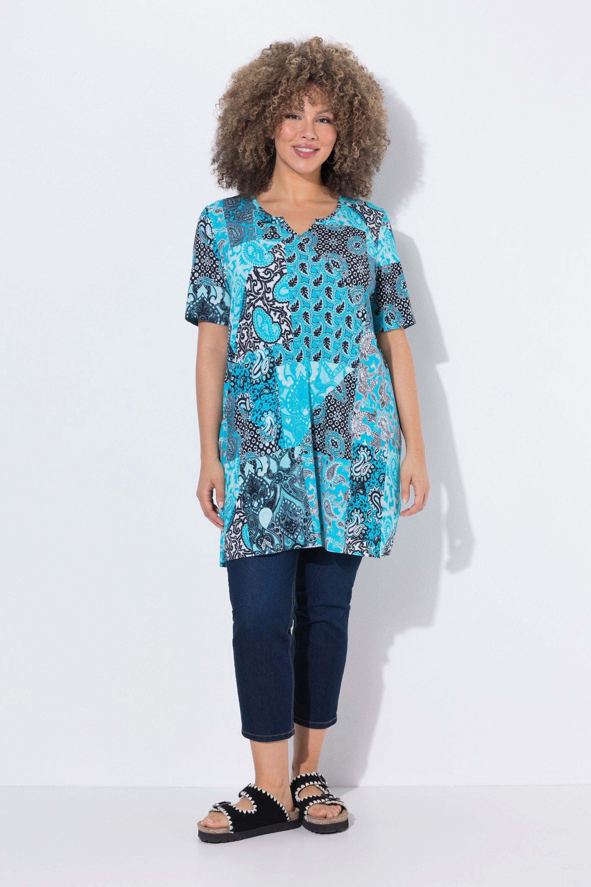 Longshirt T-Shirt Patchmuster A-Linie Tunika-Ausschnitt