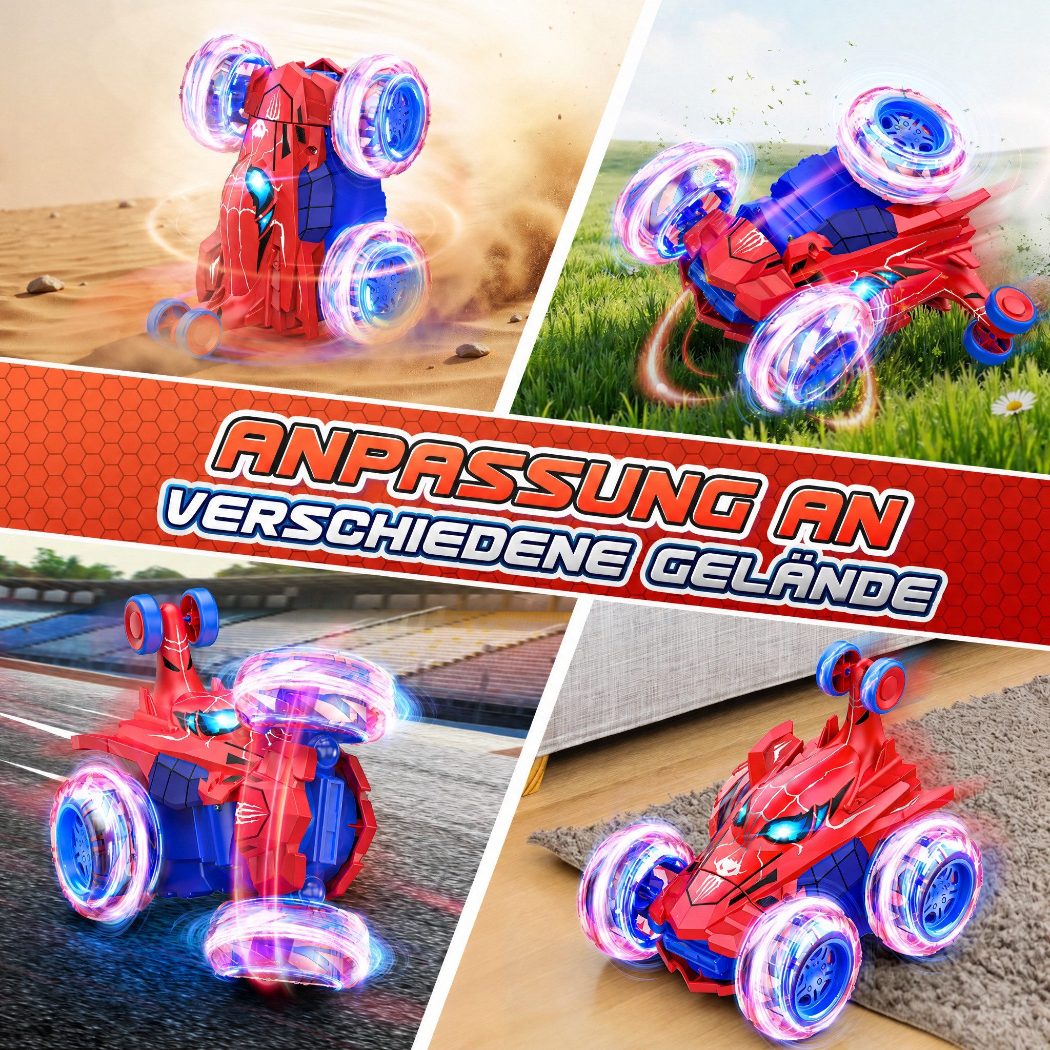 Wootoy RC-Auto Ferngesteuertes Auto Kinder RC Monstertruck Spider Offroad RC Auto (mit 360°-Drehfunktion große Räder und LED-Beleuchtung, 1-tlg., Elastische Gummireifen und robuste Verarbeitung), USB-Direktaufladung mit Akku für bis zu ca. 60 Minuten Fahrzeit