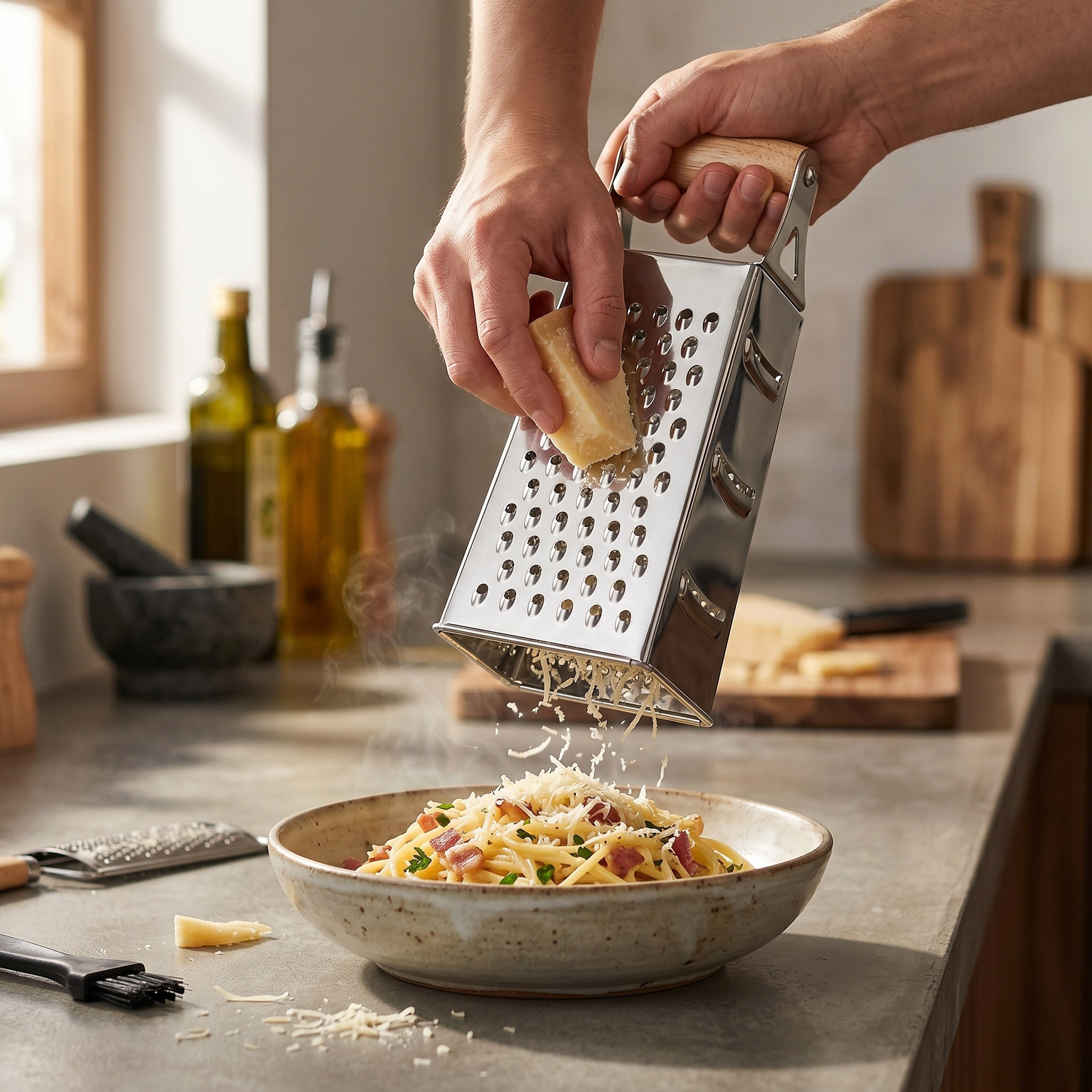 Arendo Vierkantreibe 4-Seitiger Edelstahl Gemüsehobel, Küchenreibe, Holzgriff Multireibe, Edelstahl und Echtholz, (Set, mit Echtholzbasis und Holzgriff), Kartoffelreibe, Grater, Gemüsereibe, rutschfest, mit Holzbasis