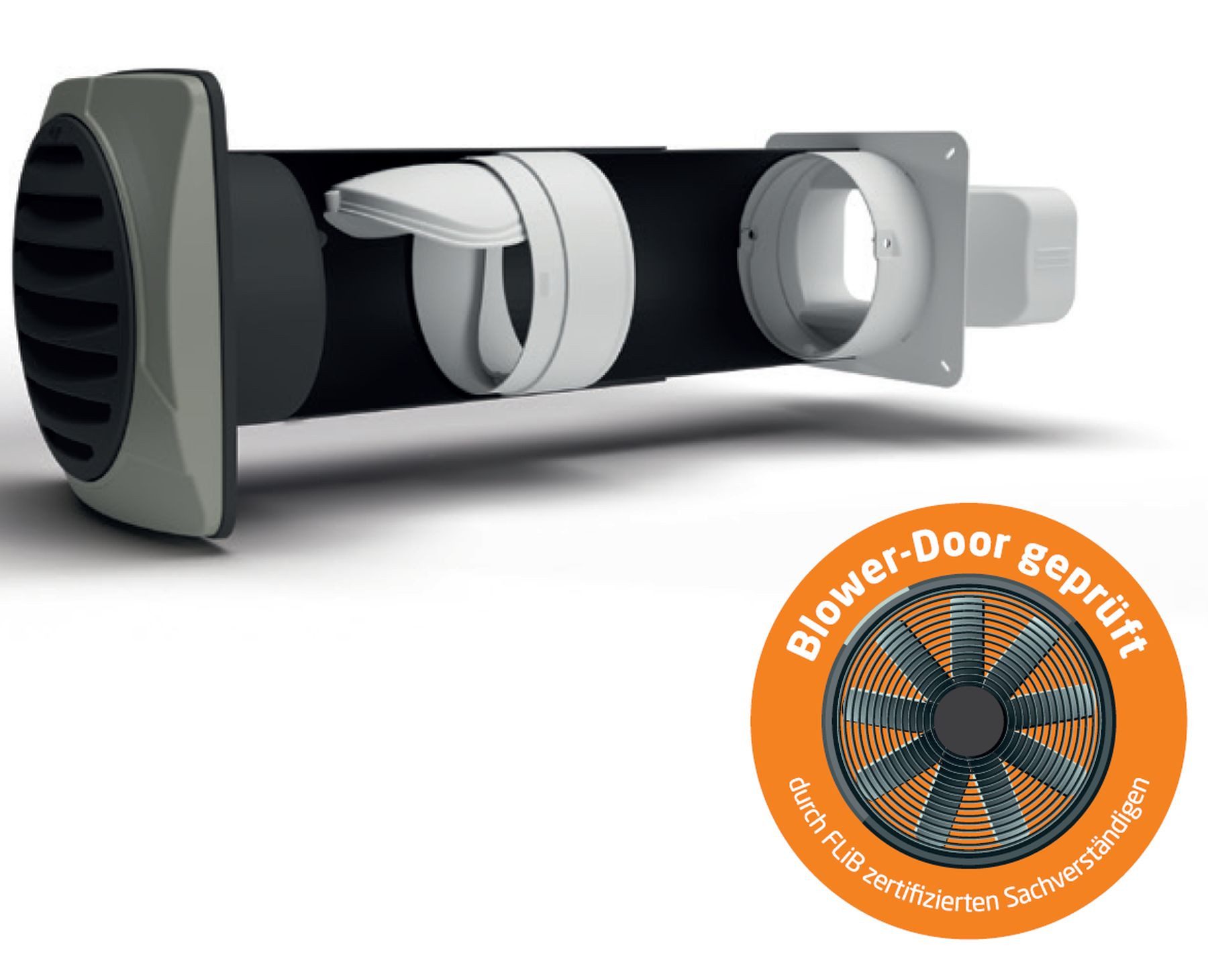 livingpoint24 Umluftmodul Flachkanal 222x89mm, Teleskop-Mauerkasten 350-680mm, Blower-Door