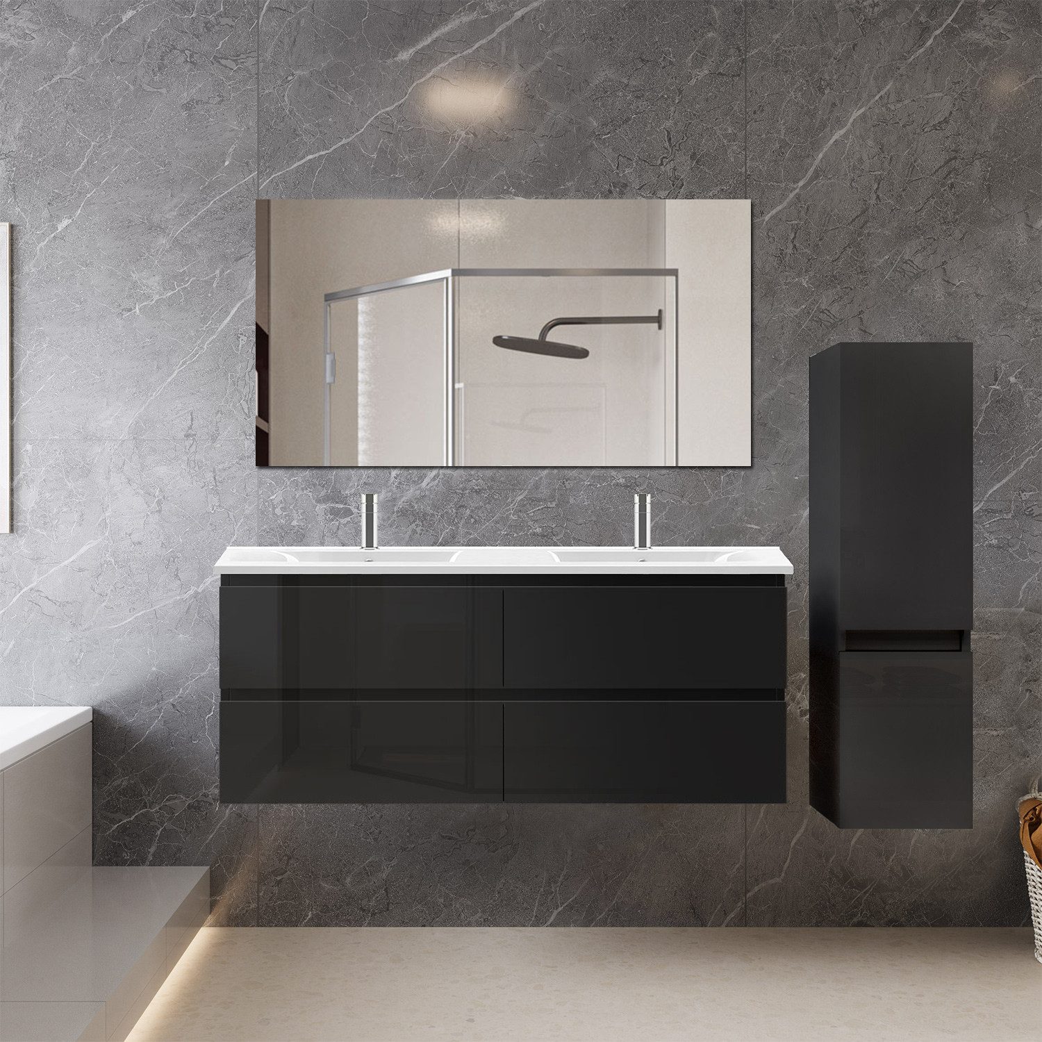 duschspa Waschtisch Badmöbel Set Waschbecken mit Unterschrank MDF, Hochglanz, Softclose, mit Überlauf