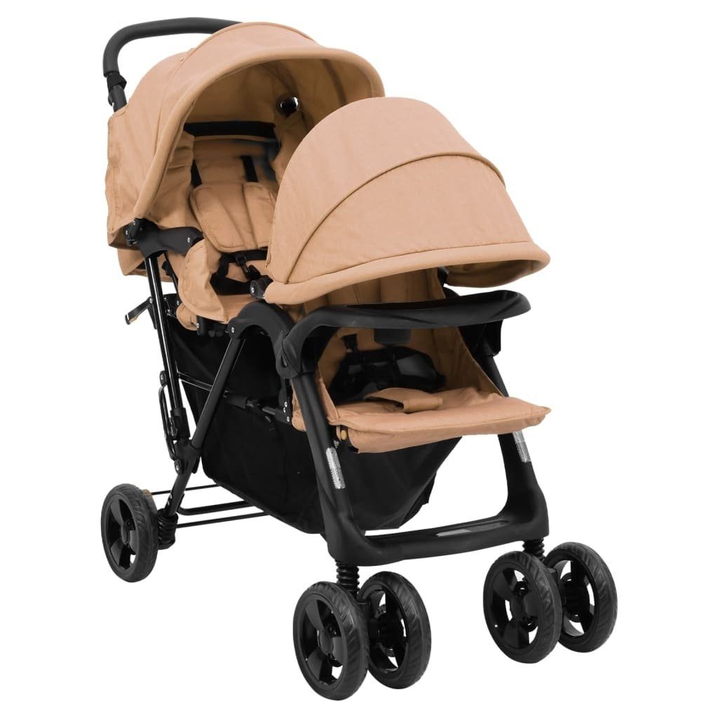 Geschwisterwagen aus Stahl, Leinen in Taupe und Schwarz