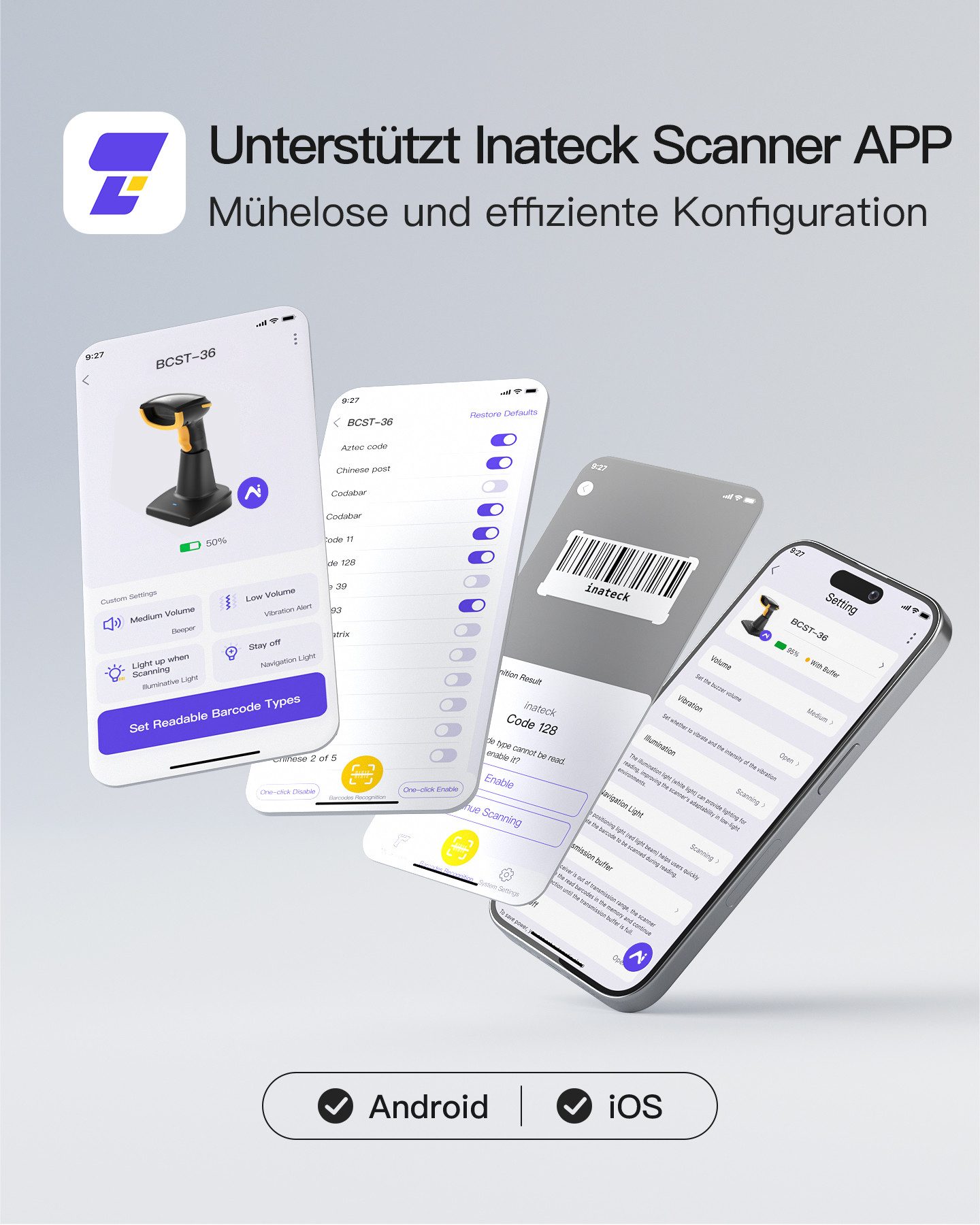 Inateck Bluetooth Barcode Scanner 2D, drahtloser 2D QR Code Scanner Handscanner, (2600 mAh, mit intelligenter Ladestation, unterstützt AI, APP, SDK)