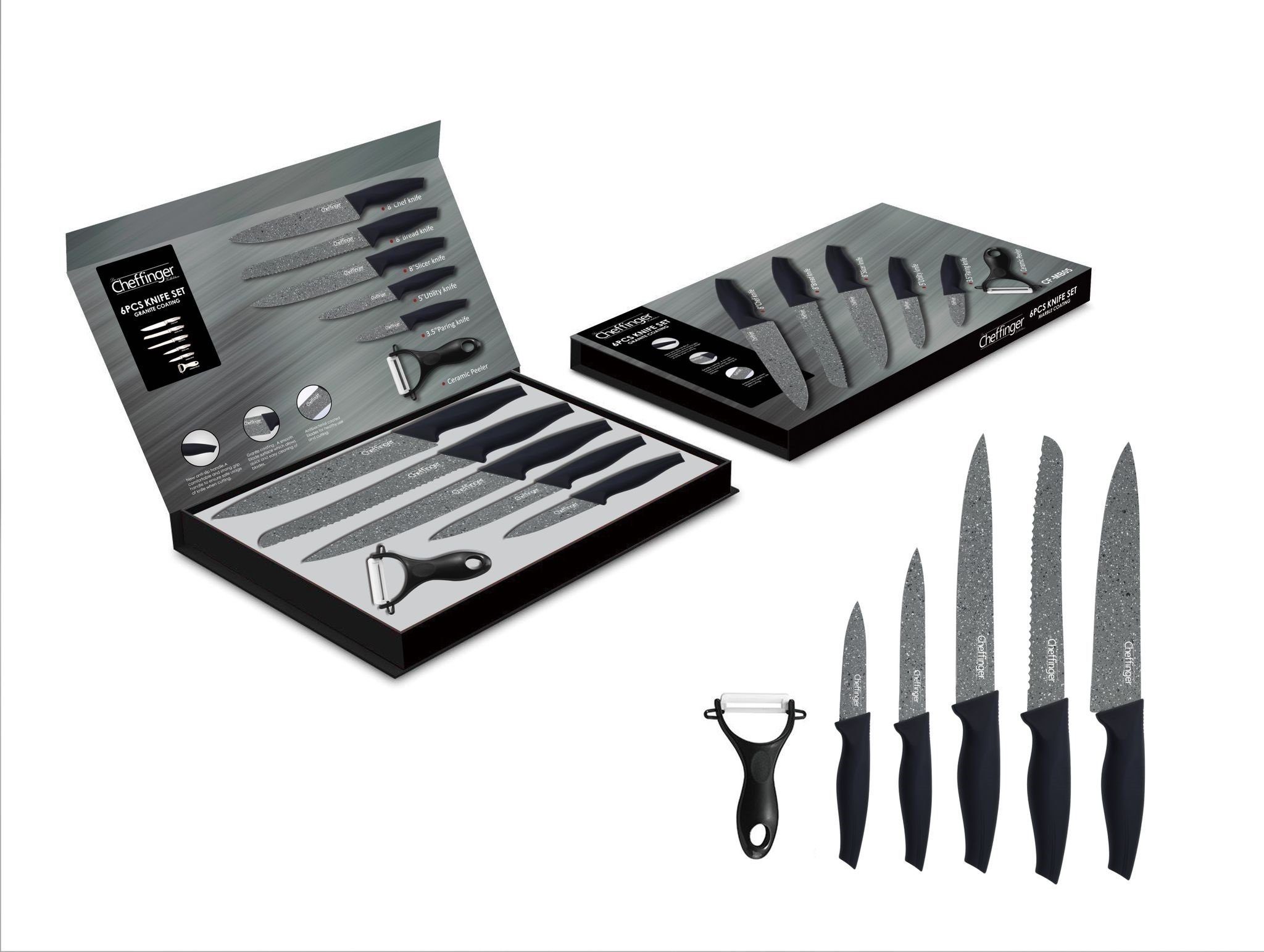 Cheffinger Messer-Set Messer Kochmesser Sparschäler Messerset 6-tlg. Cheffinger CF-MB05 | Messersets