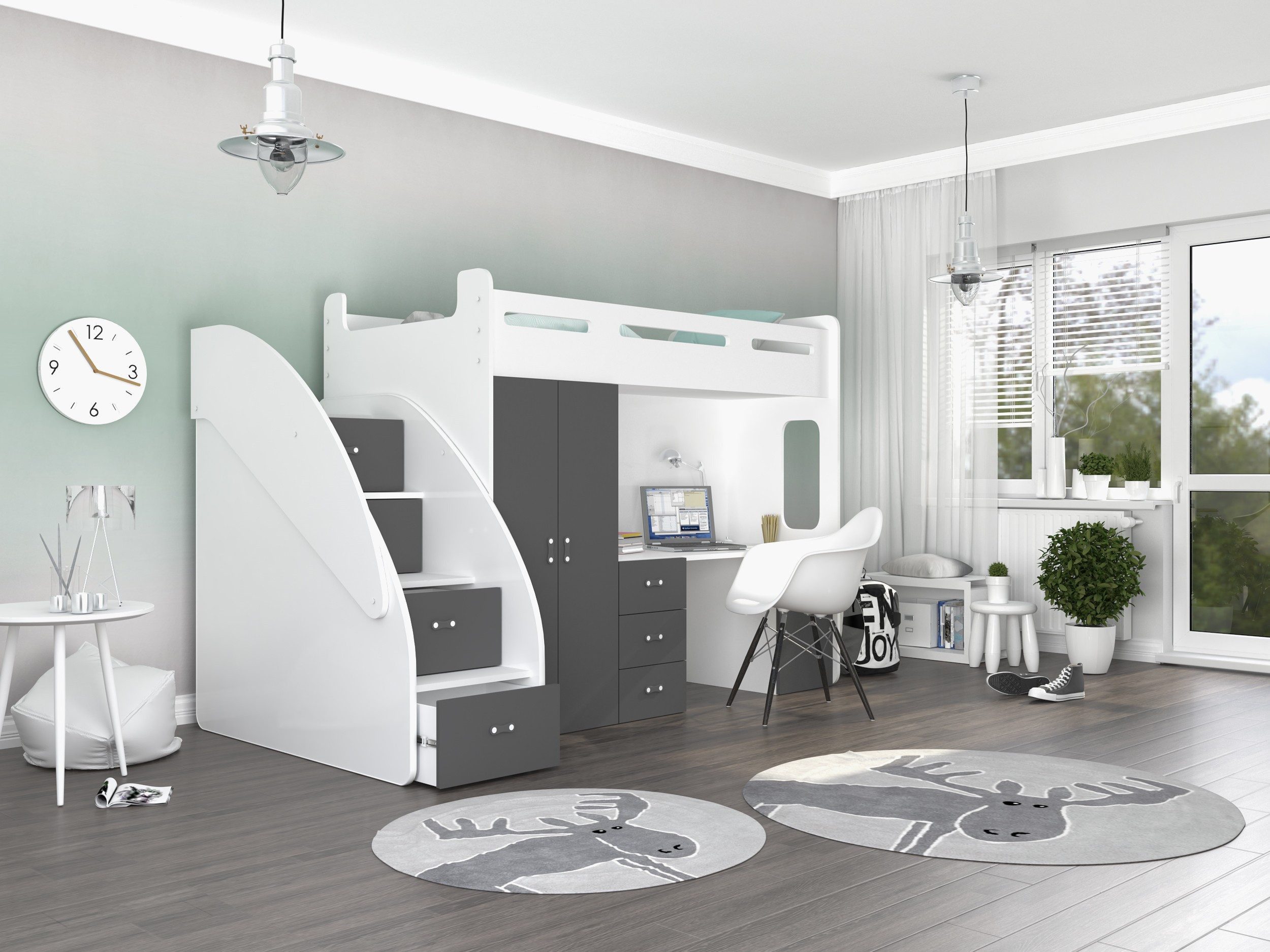 thematys Etagenbett 80x200cm mit Treppe, Schrank und Schreibtisch Hochglanz (für Jungen und Mädchen, Jugendbett, Kleiderschrank, Kinderzimmer, 3 in 1, 180cm x 1 – Bild 4 von 5